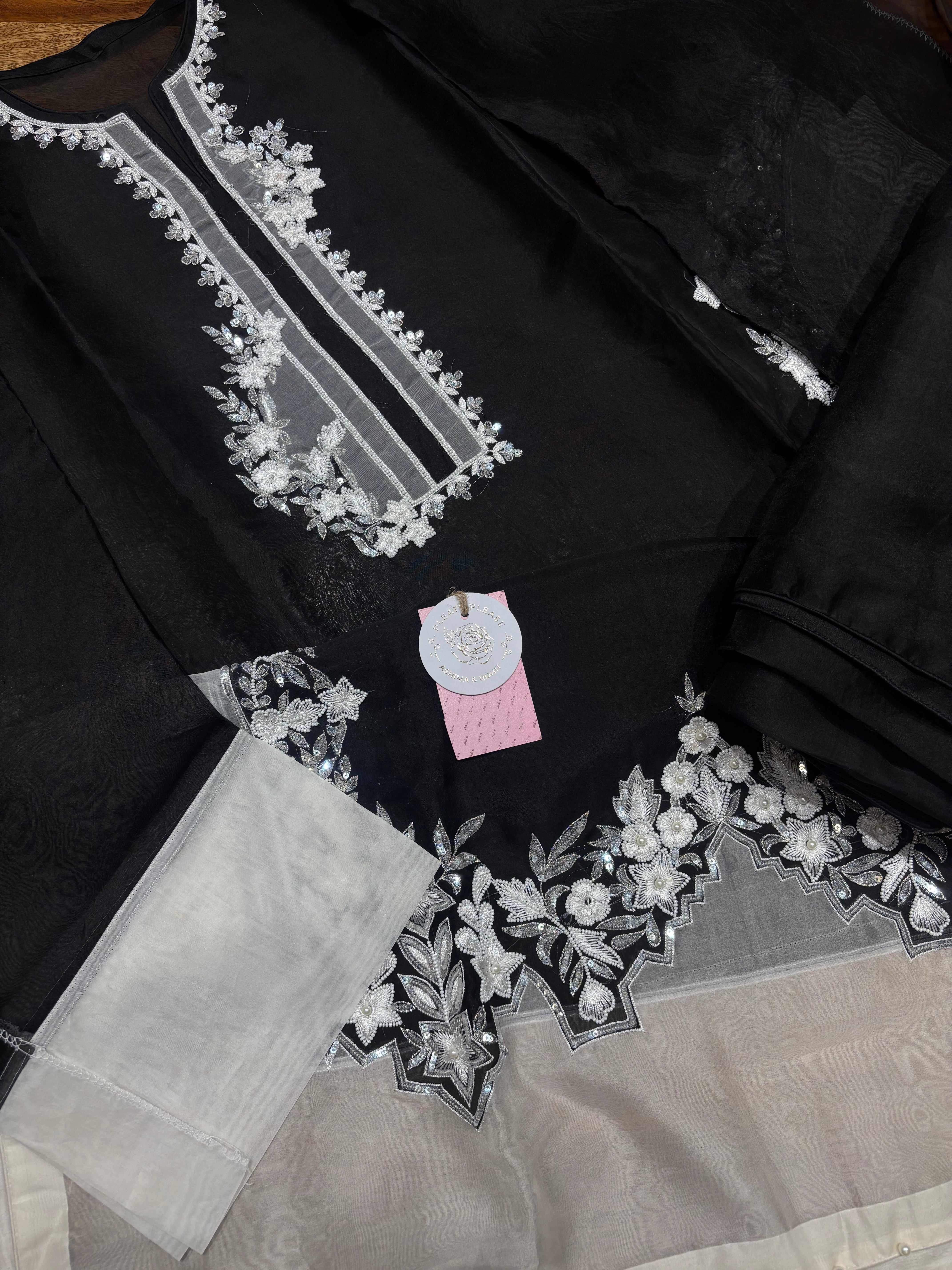 Black & White Pure and Premium Organza Silk Chikankari Kurta and Dupatta Set