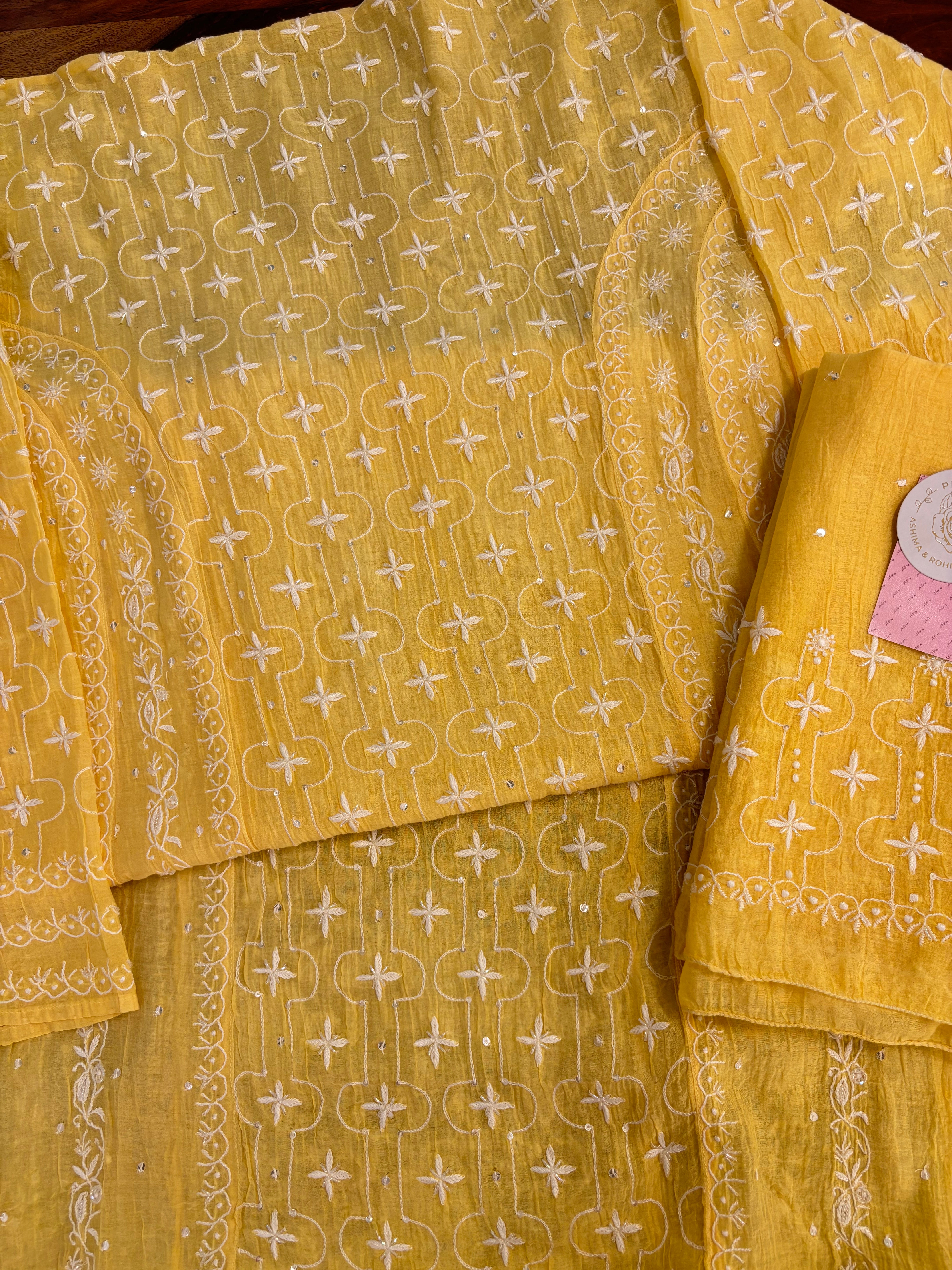 Yellow Chanderi Mul Chikankari Anarkali & Dupatta Set - Pleats PleaseChikankari