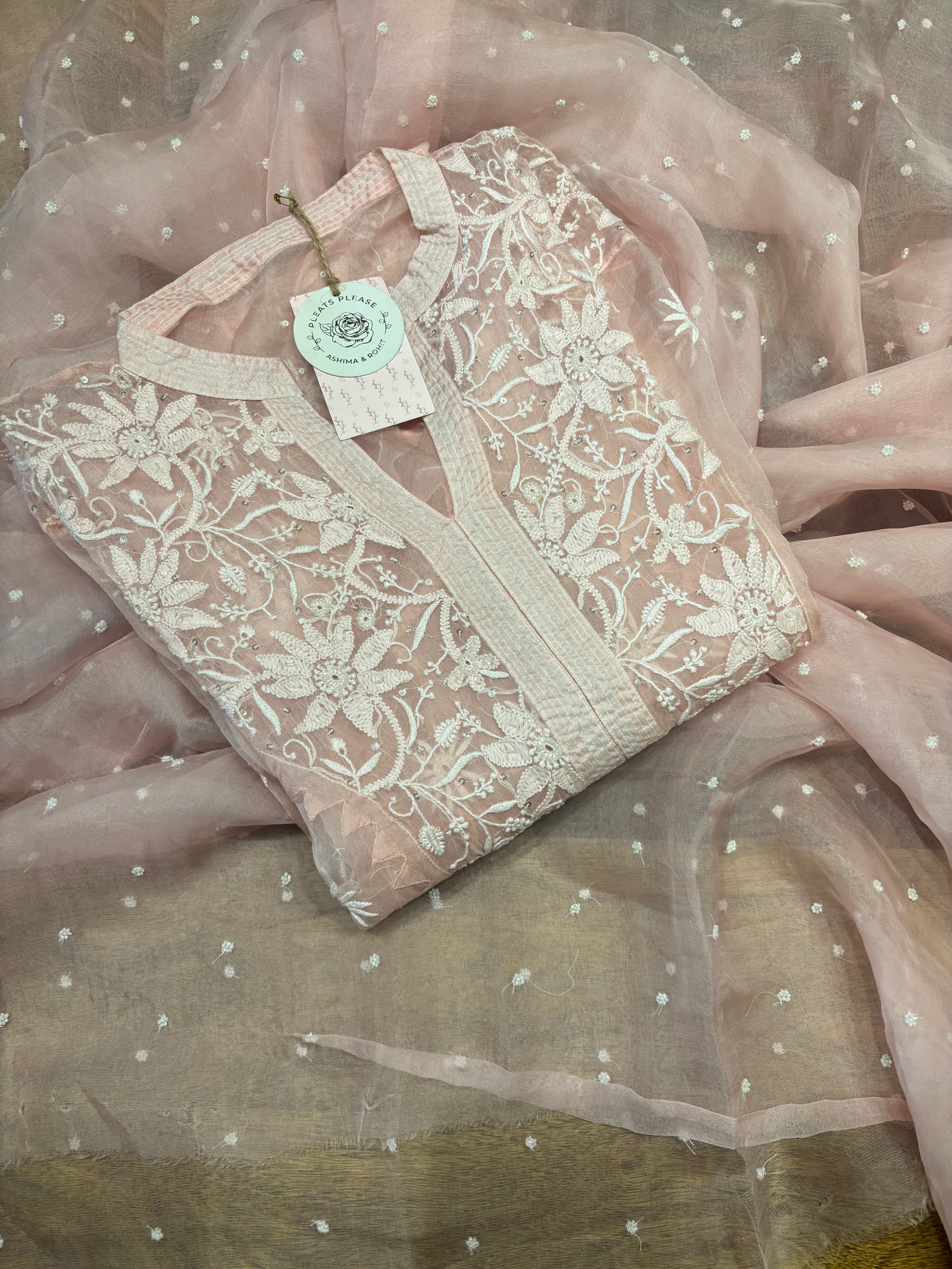 Pink Organza chikankari Kurta and dupatta set