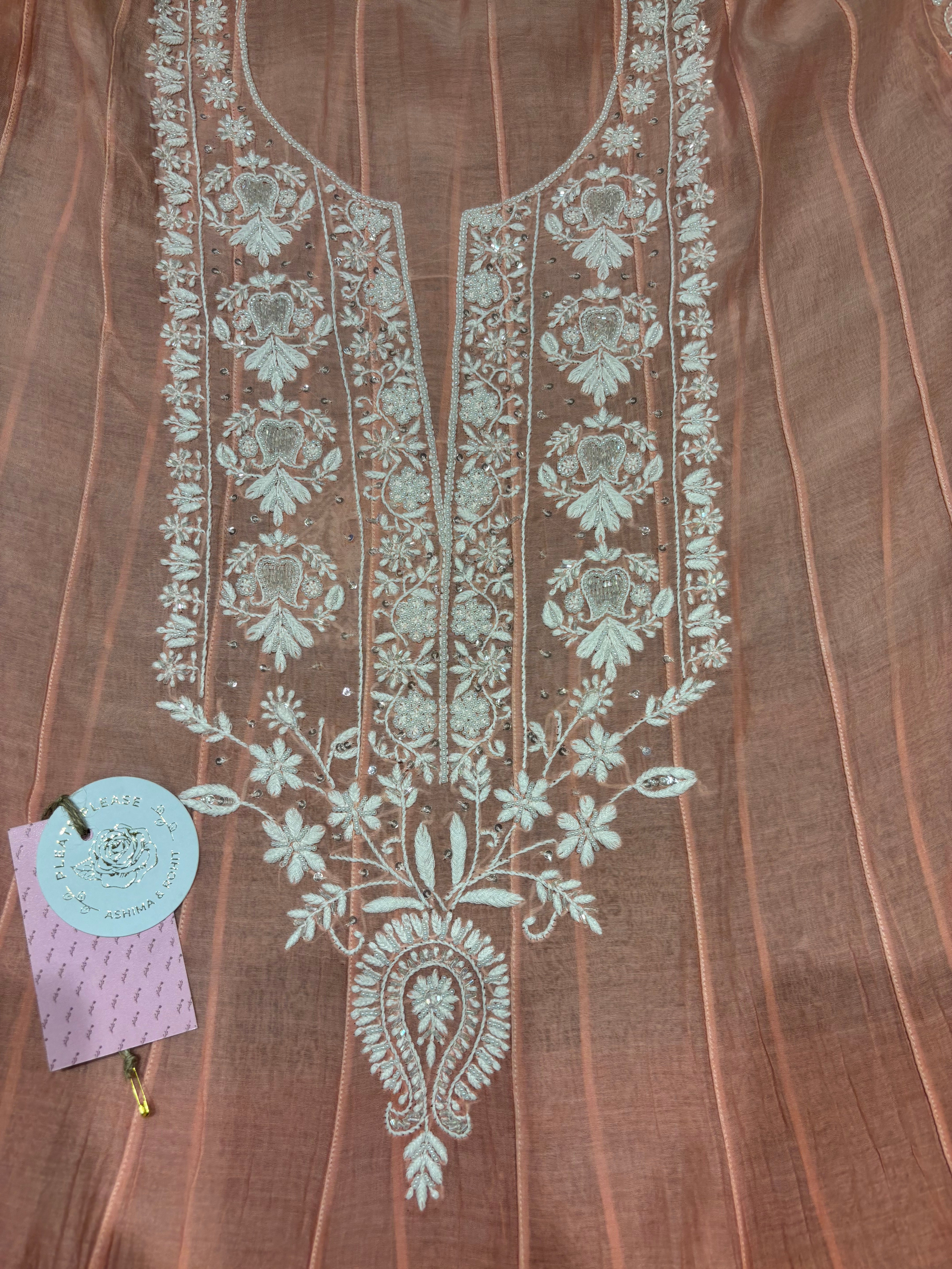 Coral Pink Ombre Chanderi Mul Chikankari Anarkali & Dupatta Set