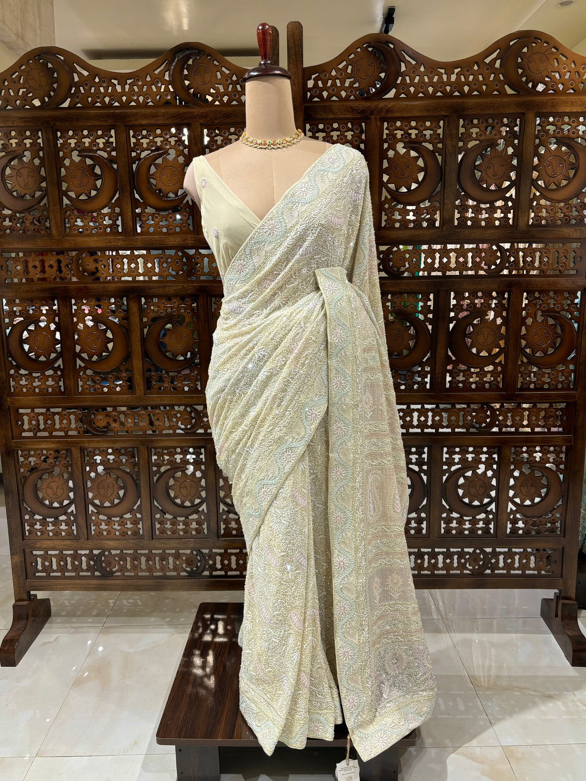 Soft Cream Pure & Premium Georgette Chikankari Saree