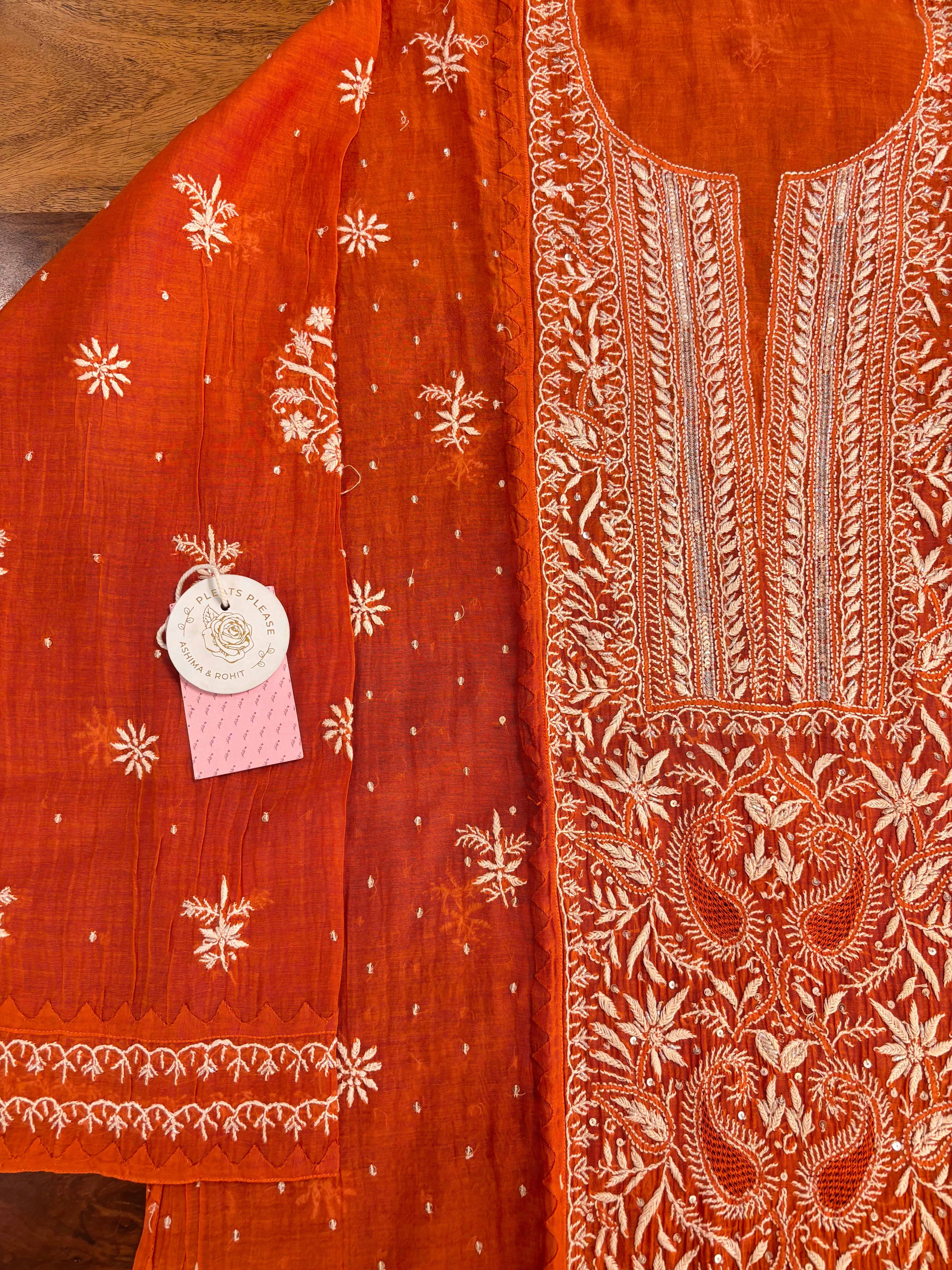 Burnt Orange Chanderi Mul Chikankari Kurta & Dupatta