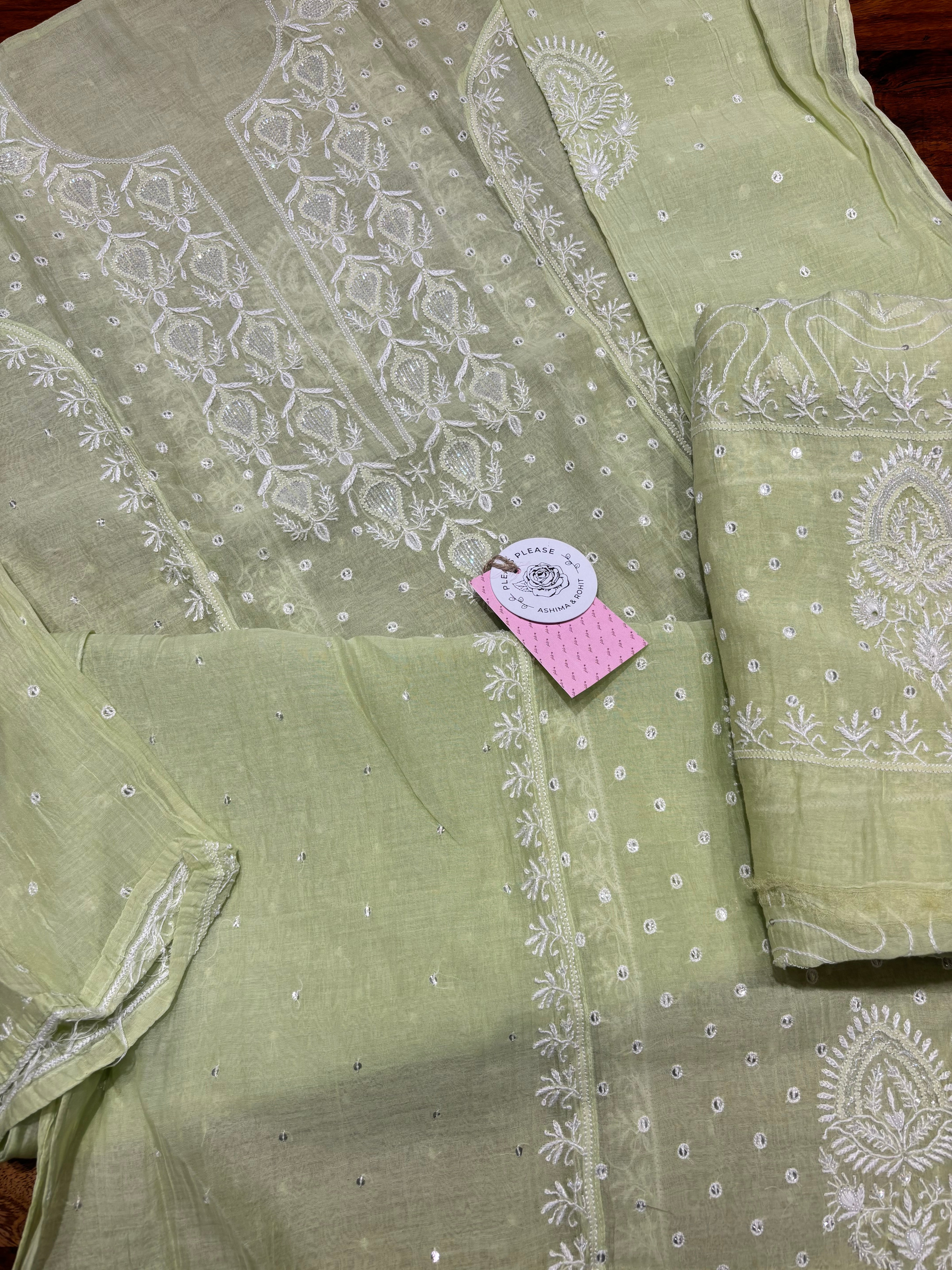 Green Chanderi  mul Chikankari kurta and Dupatta set