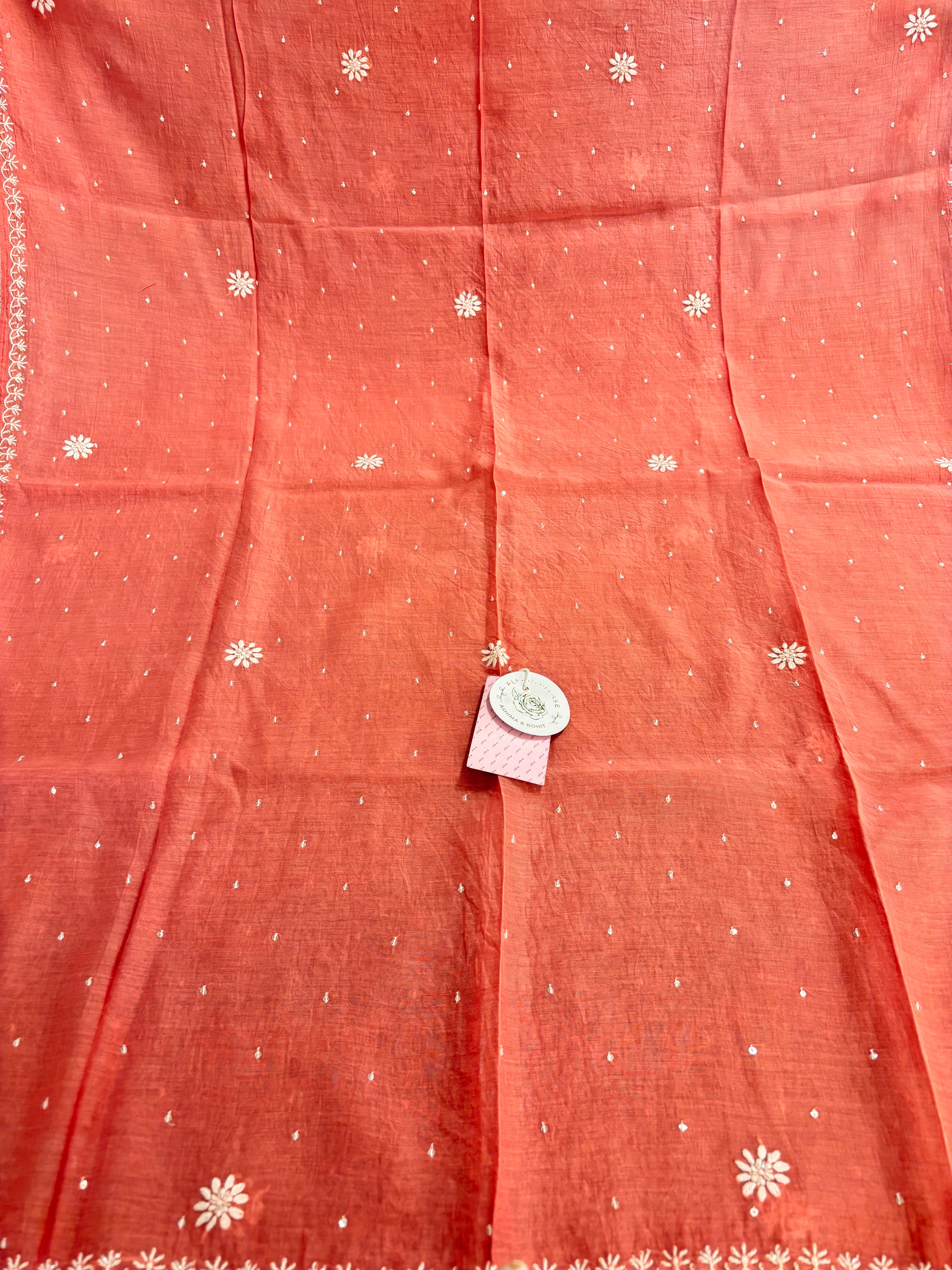 Peach Chanderi Mul Chikankari Kurta & Dupatta