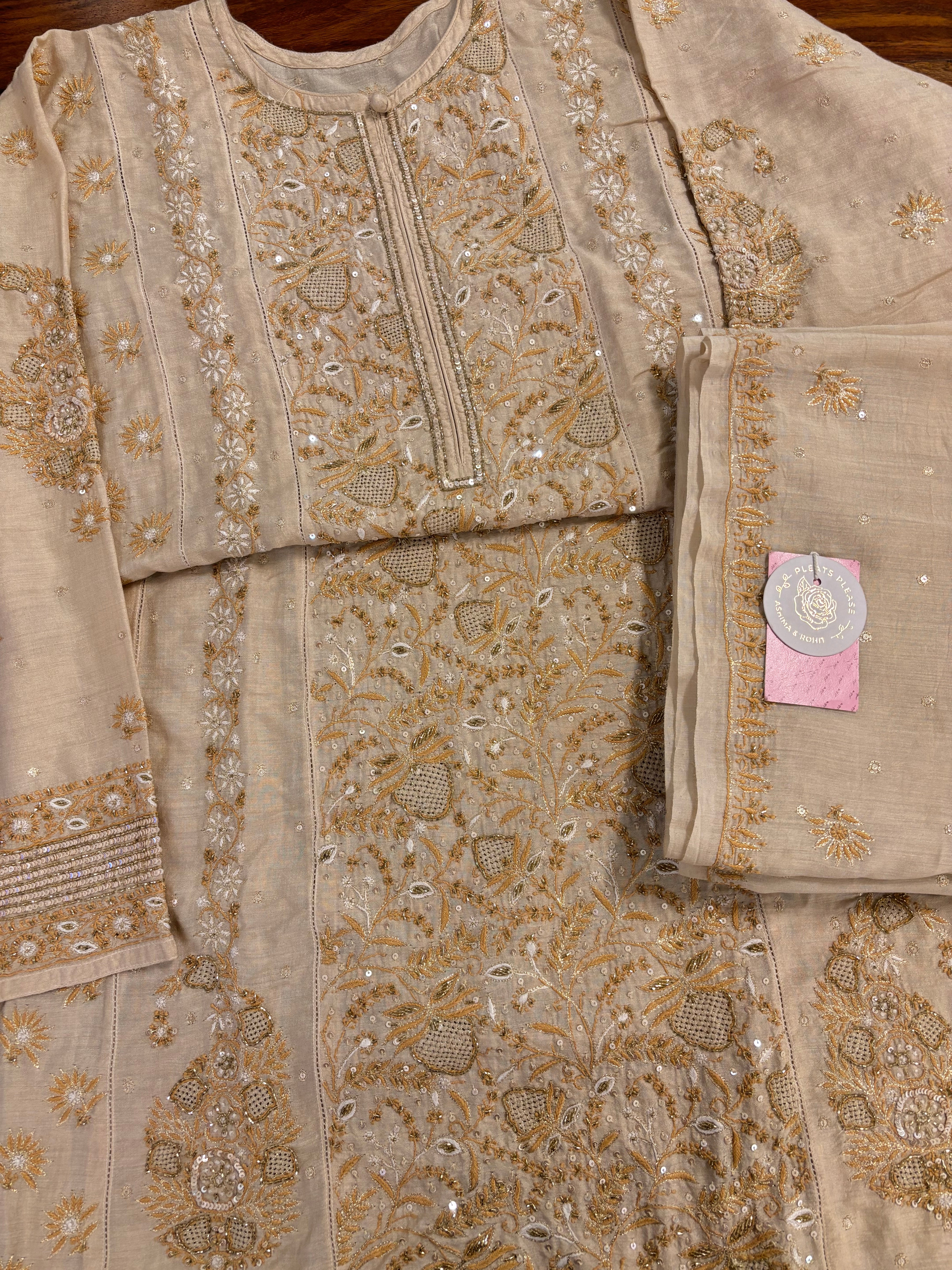 Dyeable Natural Monga Silk Chikankari A-line Kurta & Dupatta