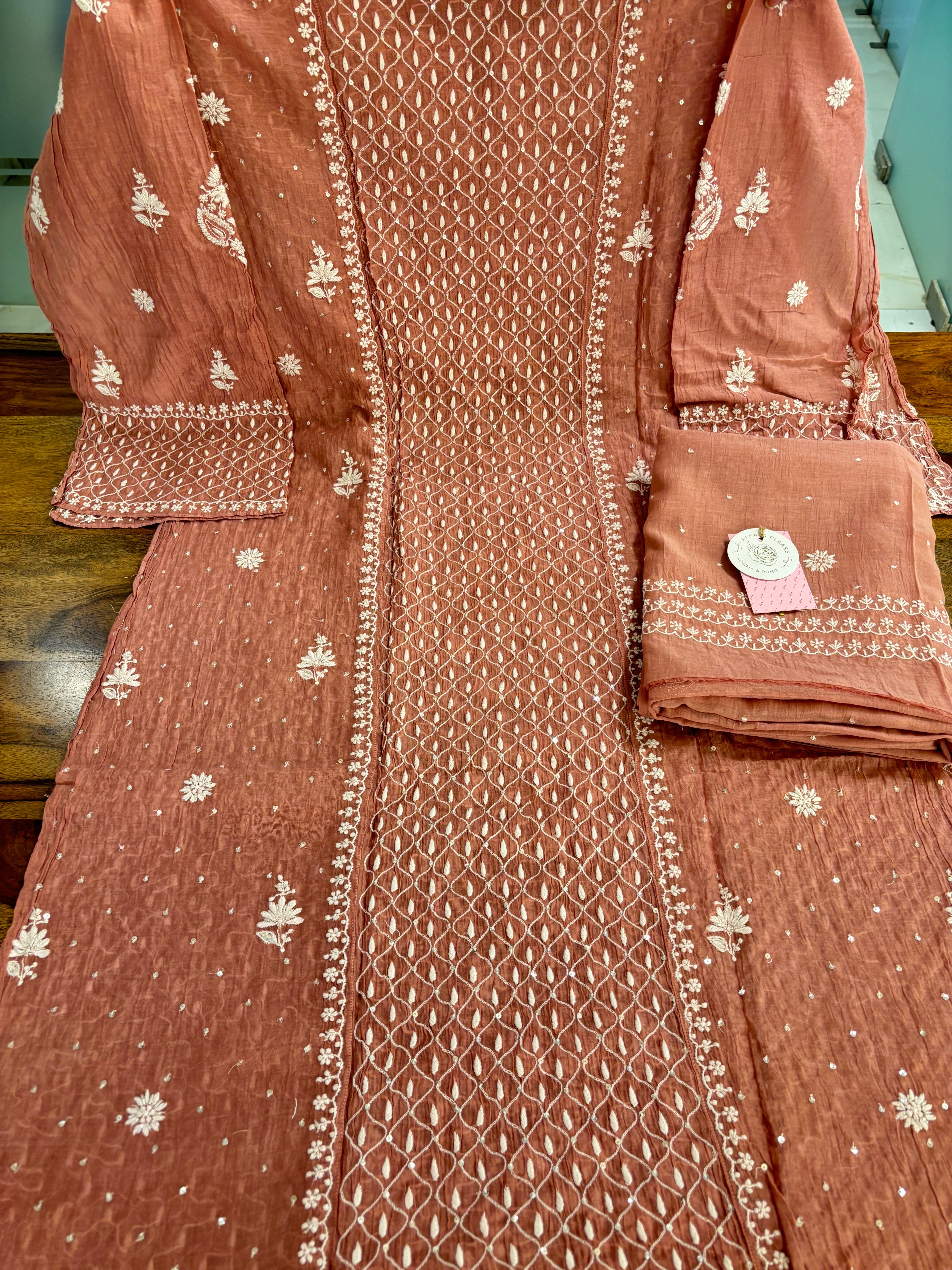 Dusty Rose Chanderi Mul Chikankari Kurta & Dupatta