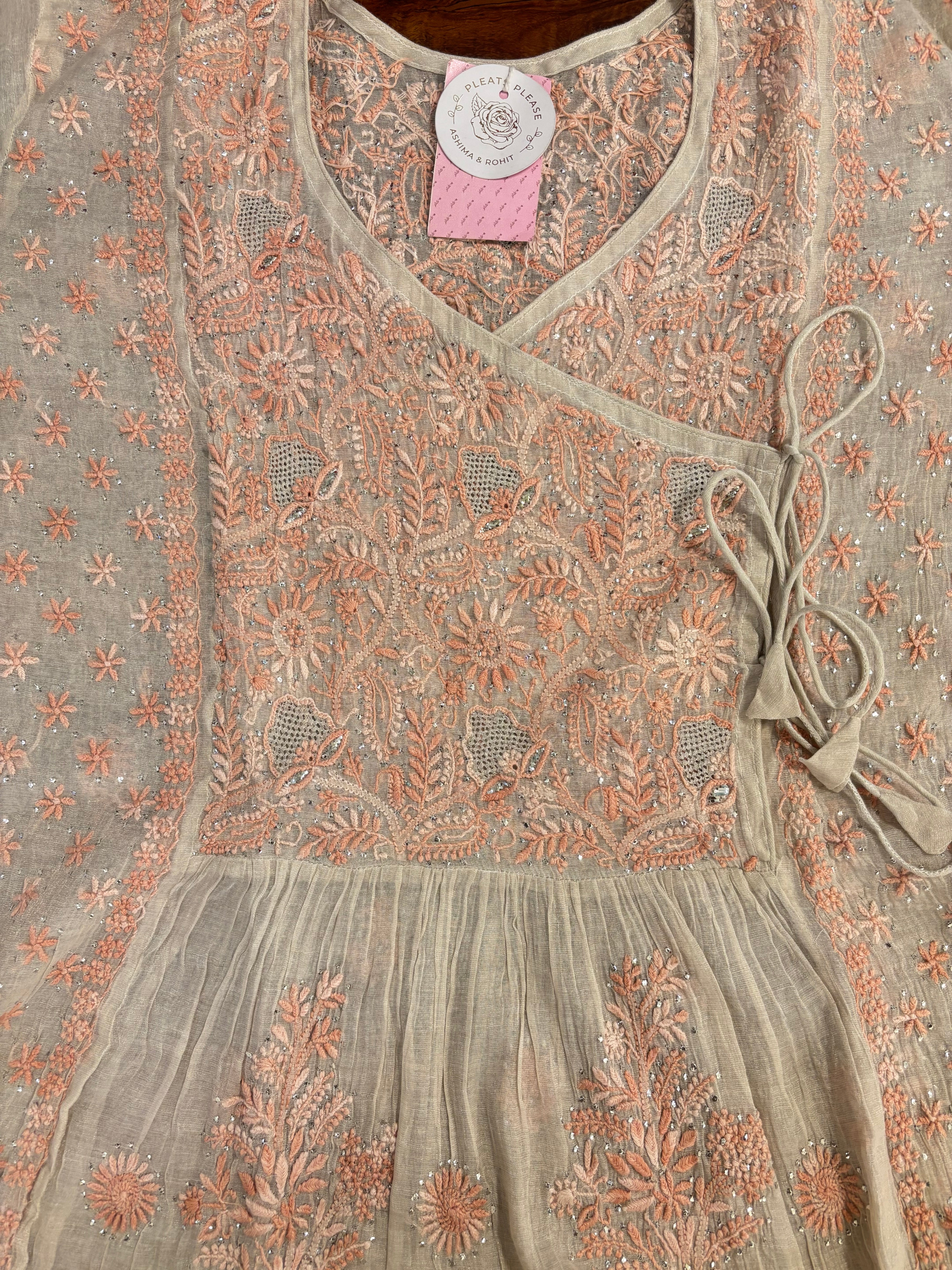 Dyeable Pure & Premium Silver Tissue Mukaish Chikankari Angrakha Kurta & Dupatta