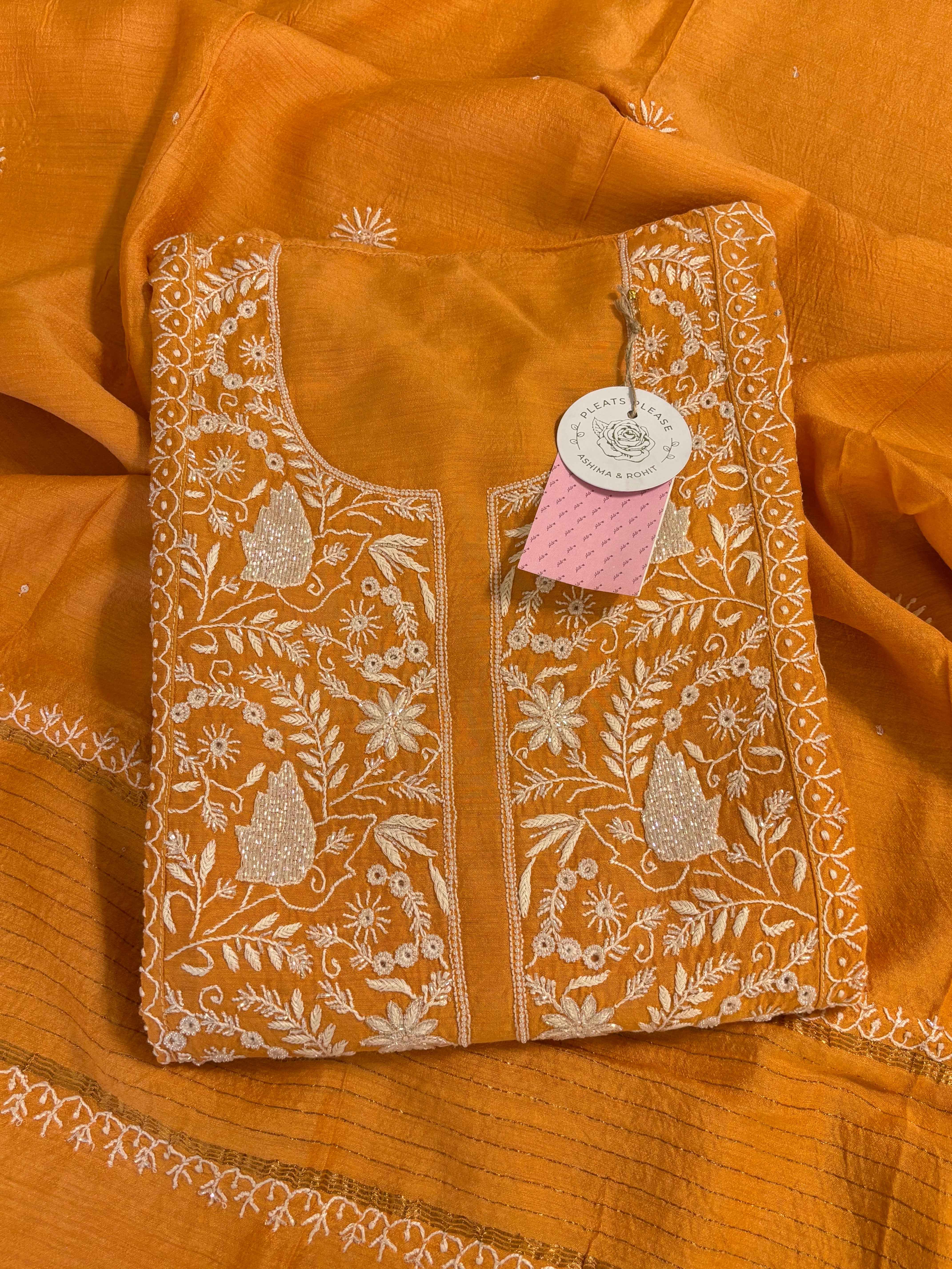 Orange Monga Silk Chikankari Kurta Dupatta Set