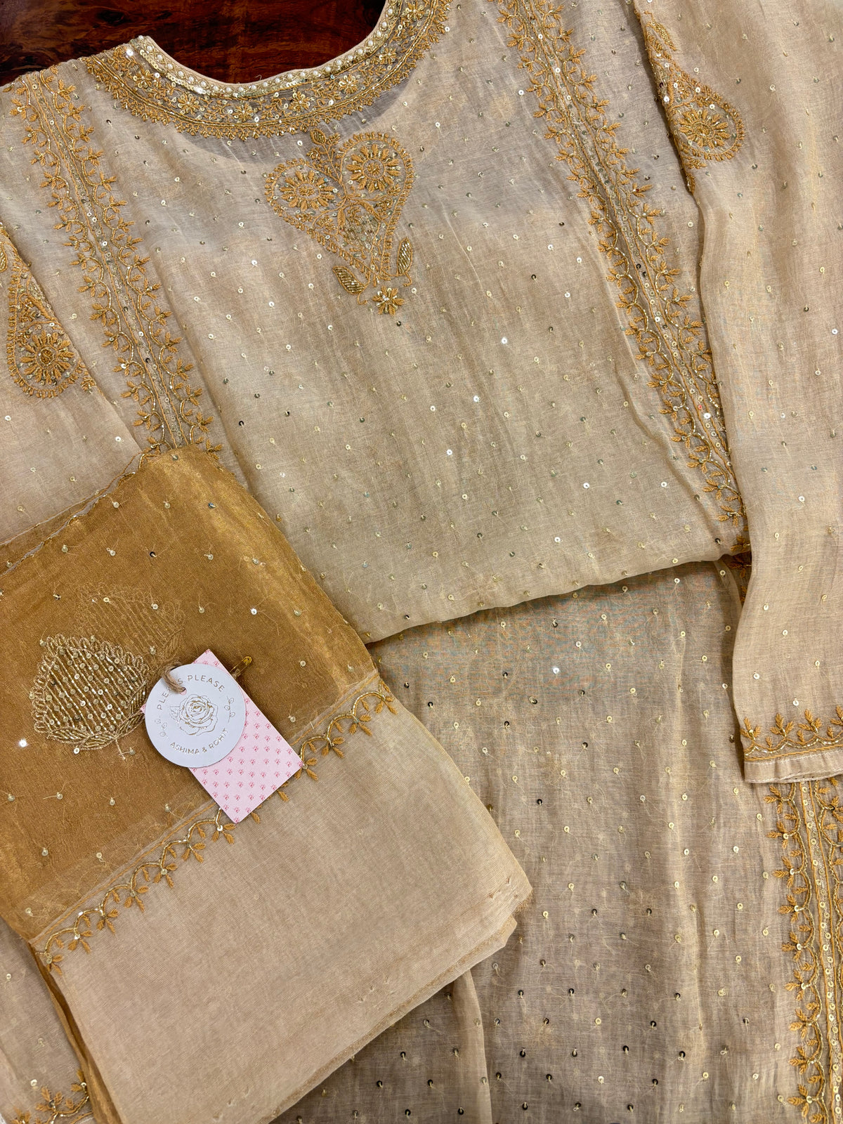 Dyeable Pure & Premium Tissue Pearl Neckline Chikankari Kurta & Dupatta