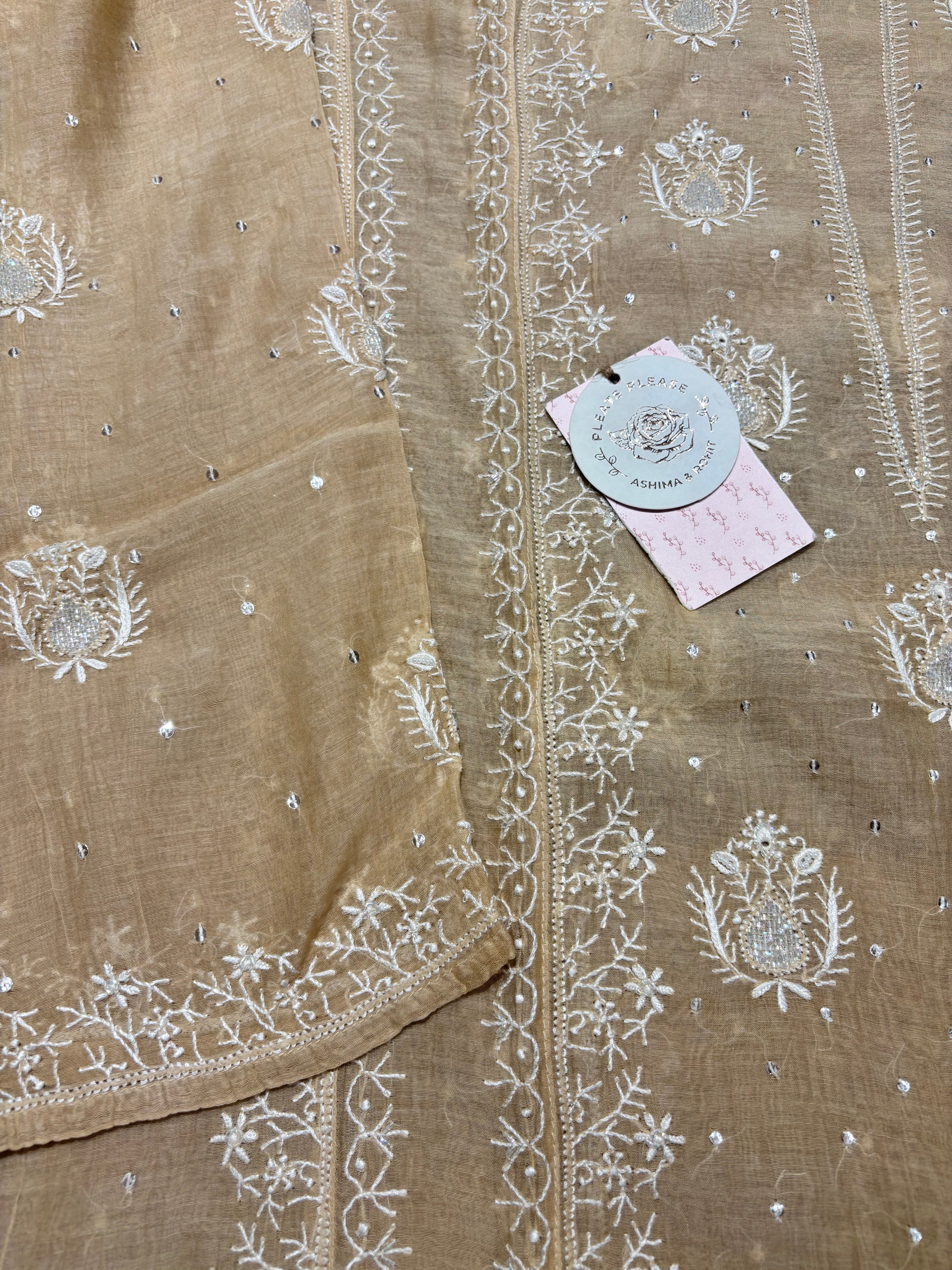 Coffee cream Chanderi Mul Chikankari kurta and Dupatta set