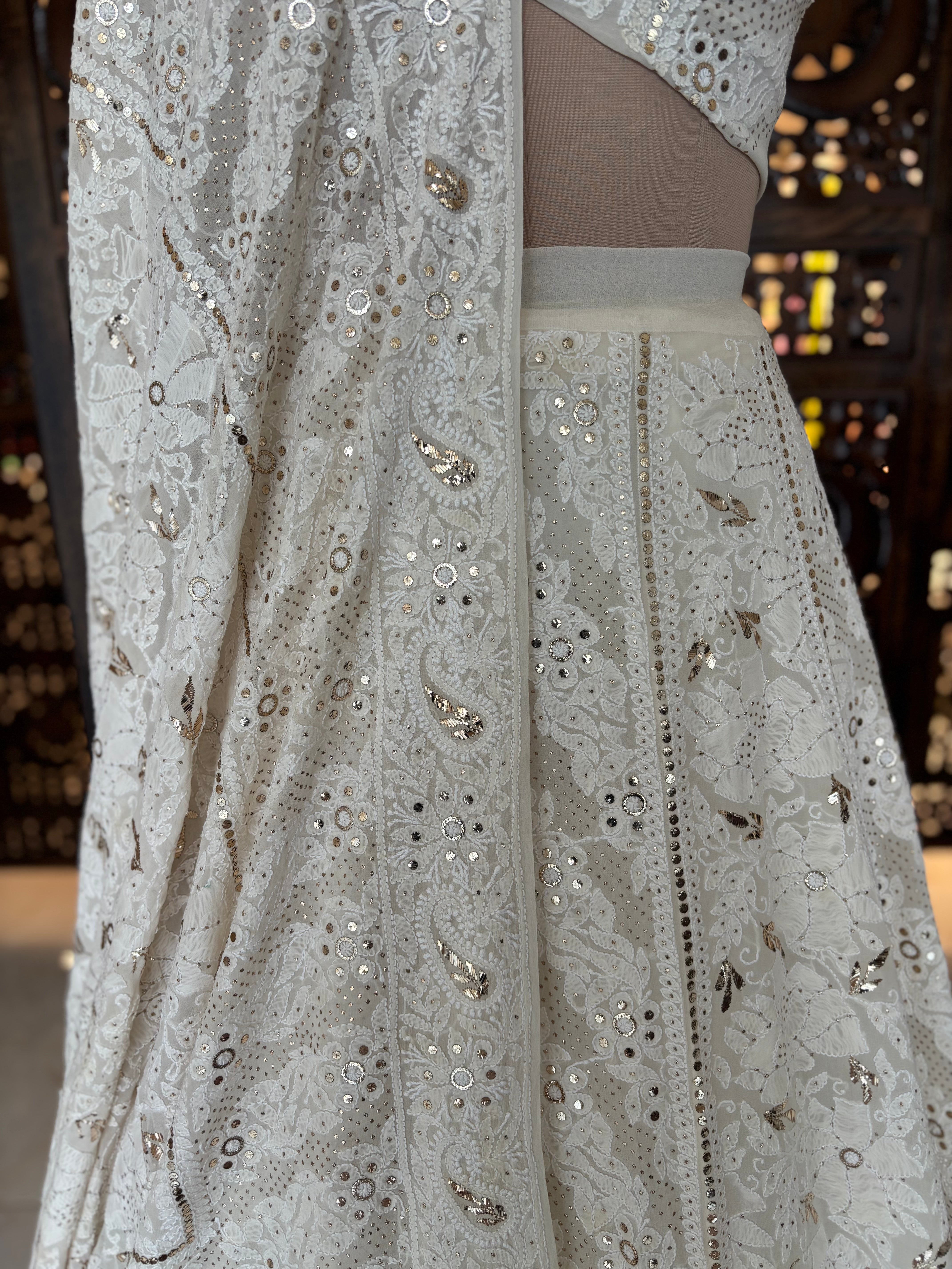 Dyeable Pure & Premium Georgette Mukaish Chikankari Lehenga - Pleats PleaseChikankari