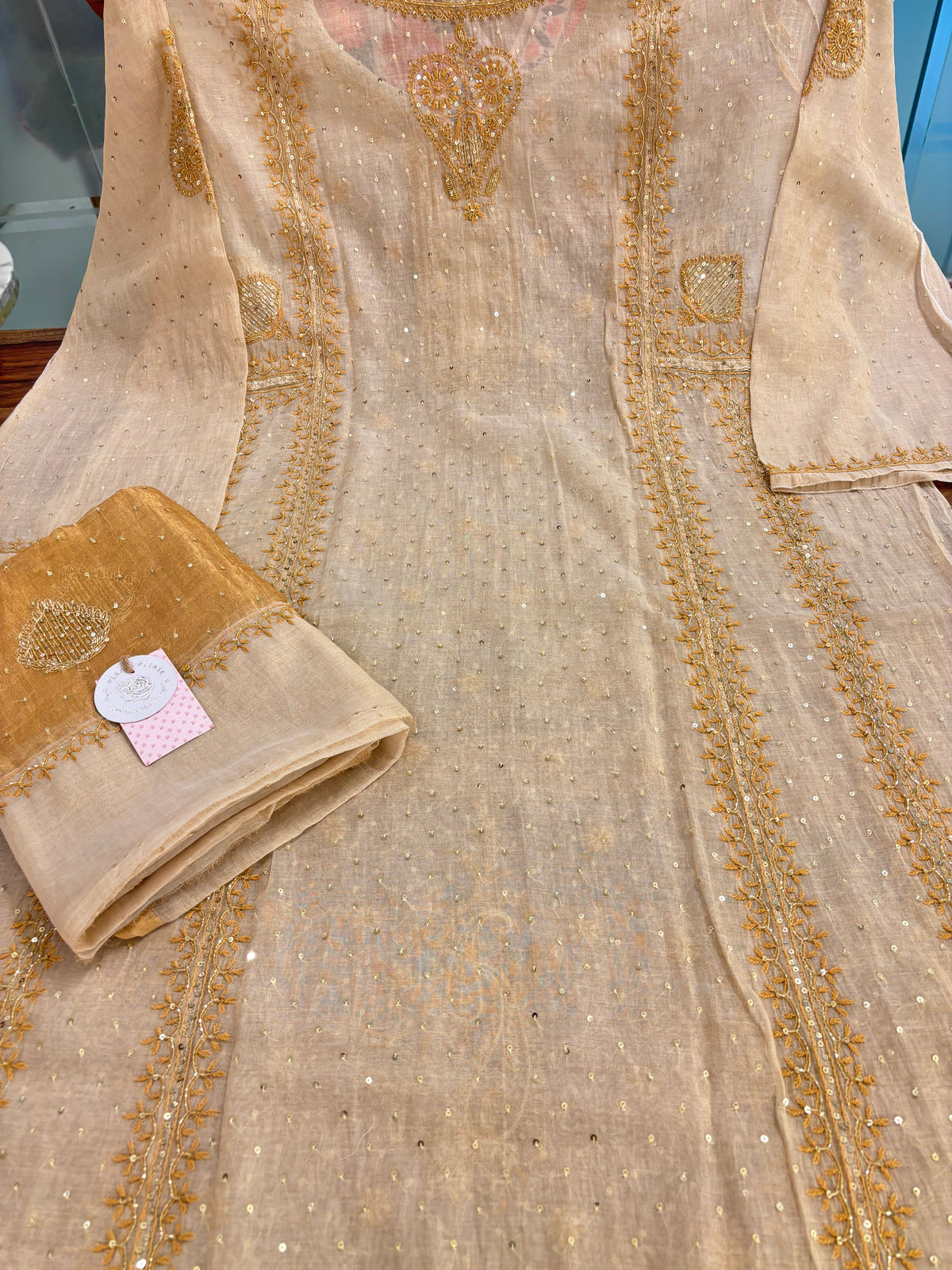 Dyeable Pure & Premium Tissue Pearl Neckline Chikankari Kurta & Dupatta