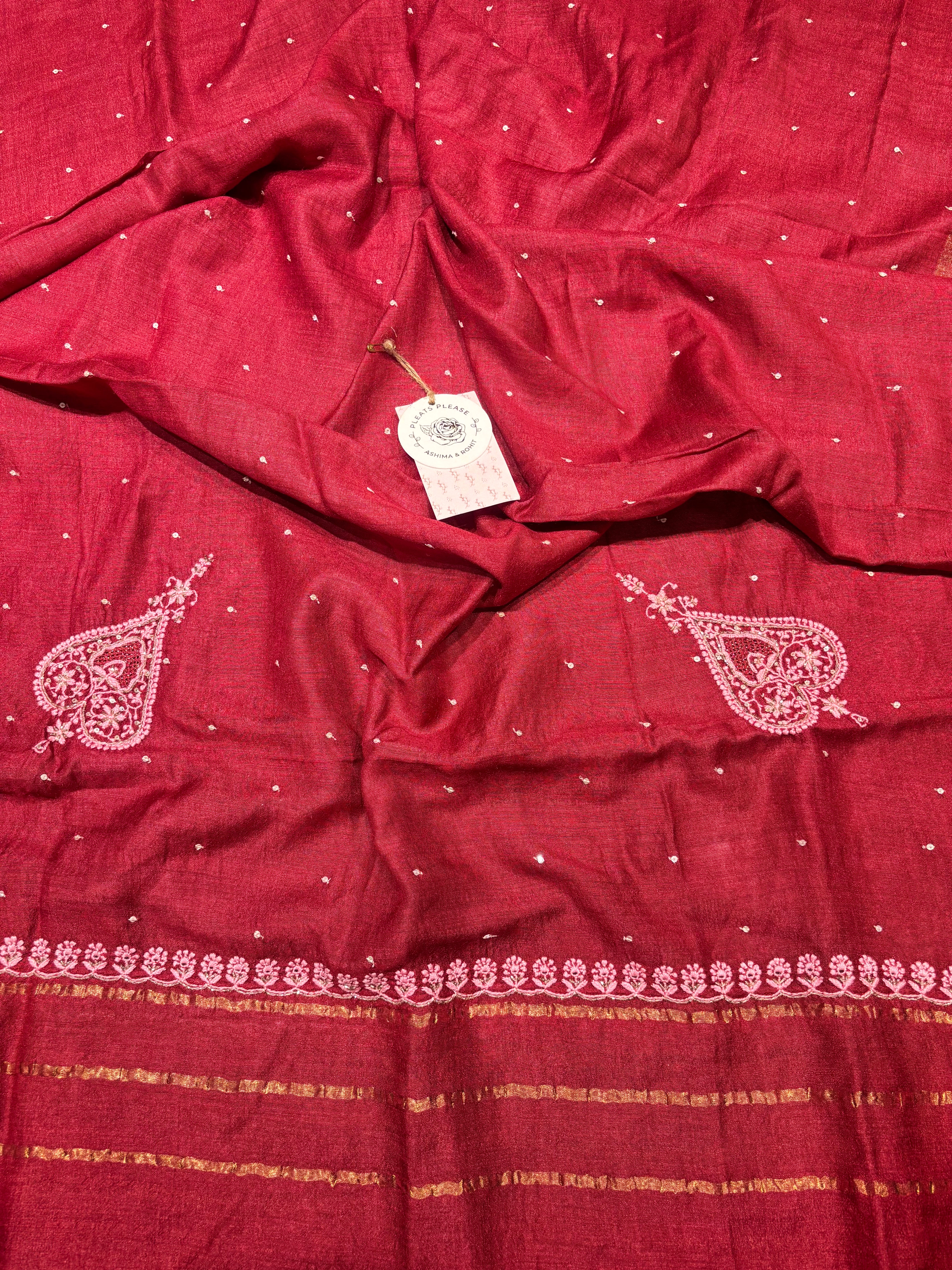 Red Monga Silk Chikankari Kurta & Dupatta Set