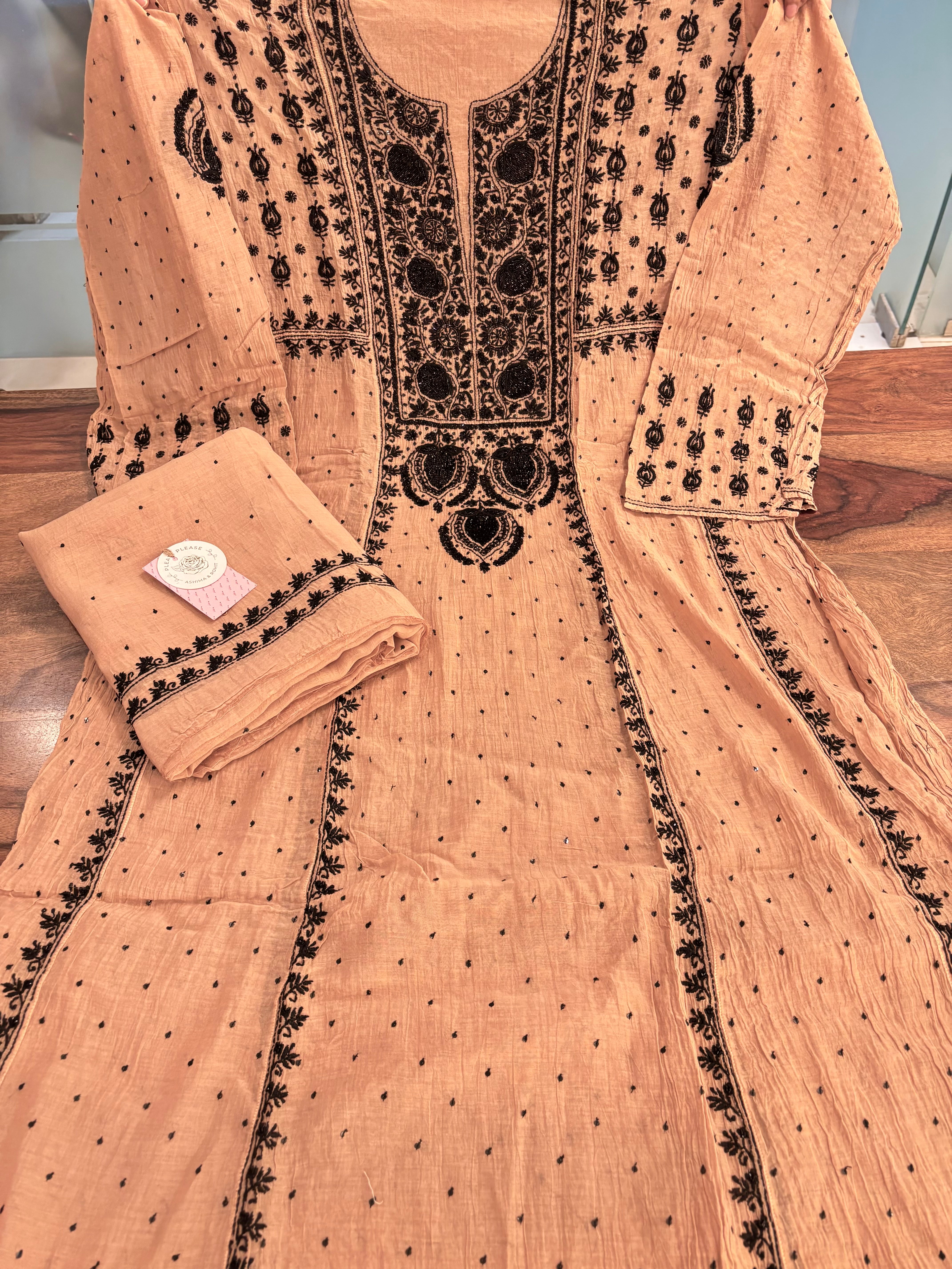 Apricot Peach Chanderi Mul Chikankari A-Line Kurta & Dupatta