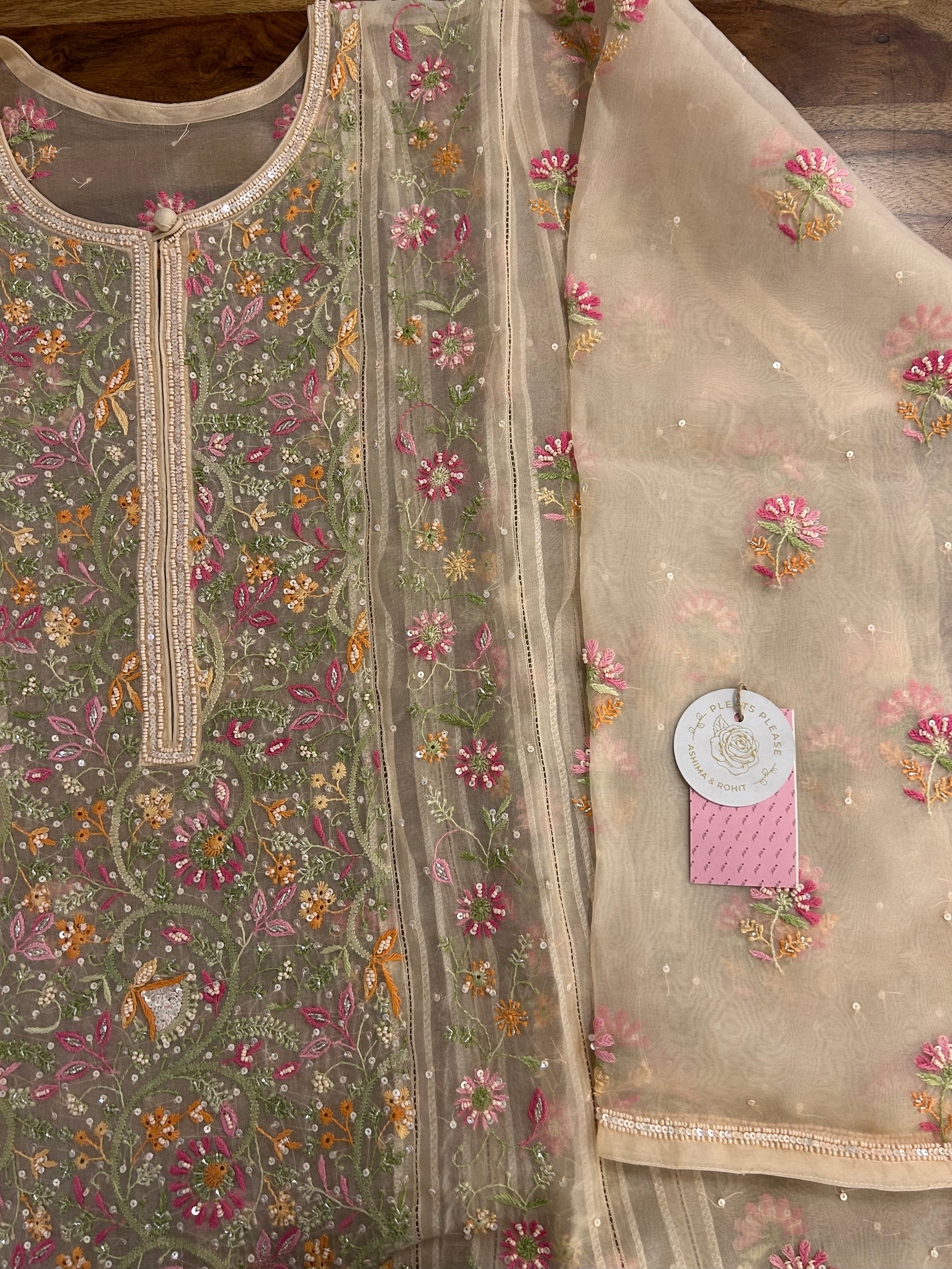 Blush Cream Pure Organza Chikankari Kurta & Dupatta