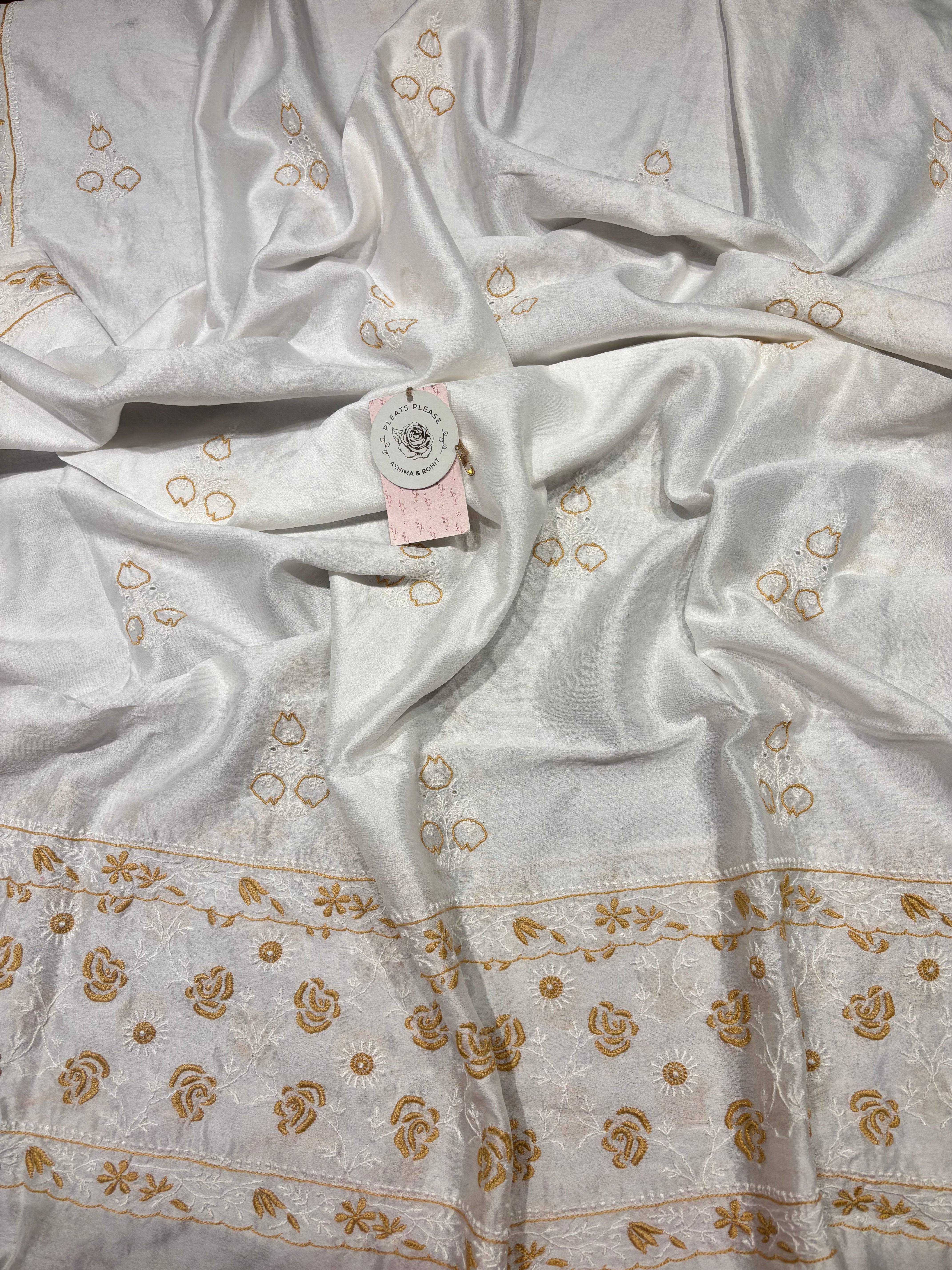 Dyeable  Chanderi  Silk Chikankari Kurta & Dupatta Set