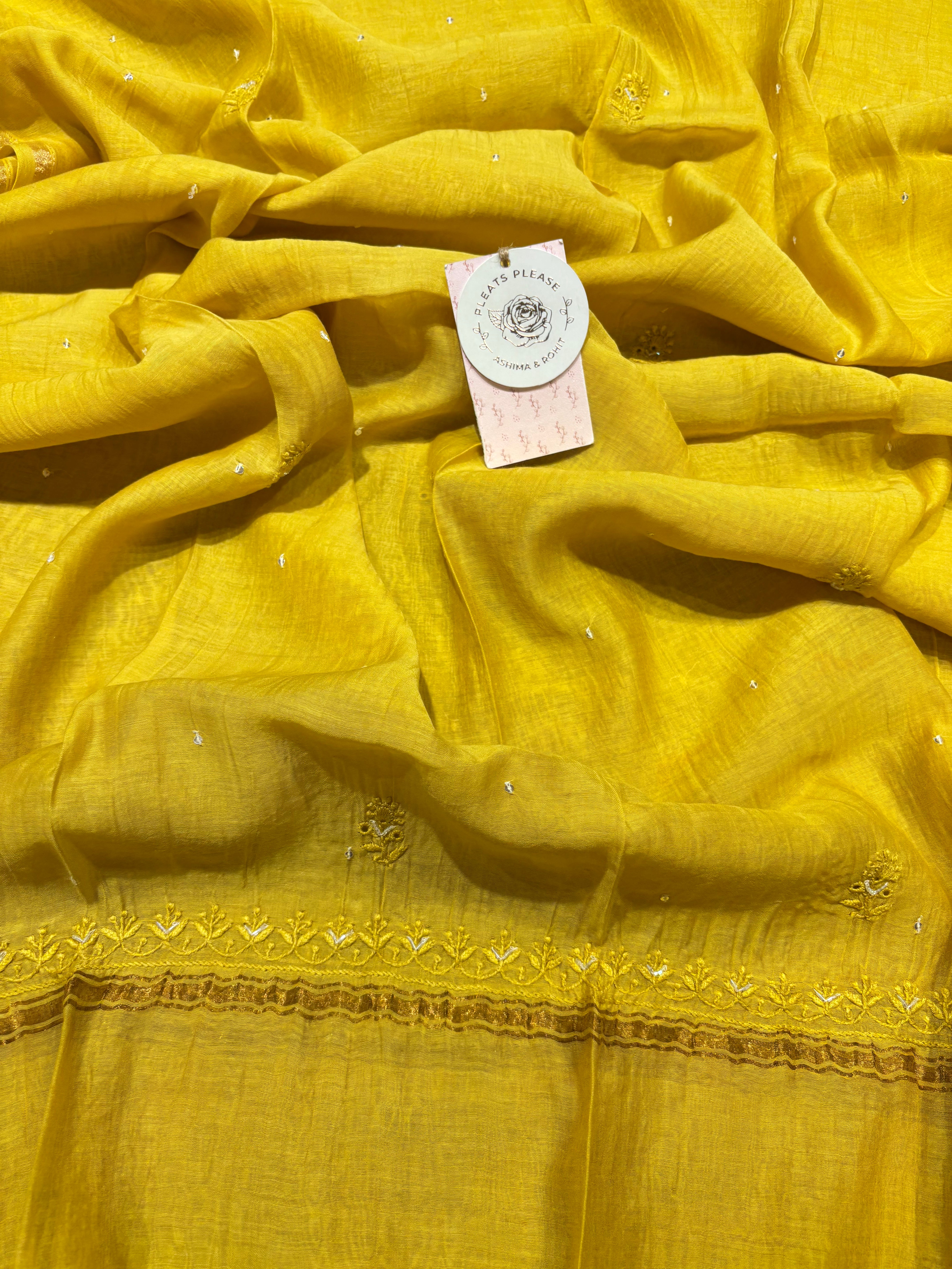 Mustard Chanderi Mul Chikankari Kurta and Dupatta Set