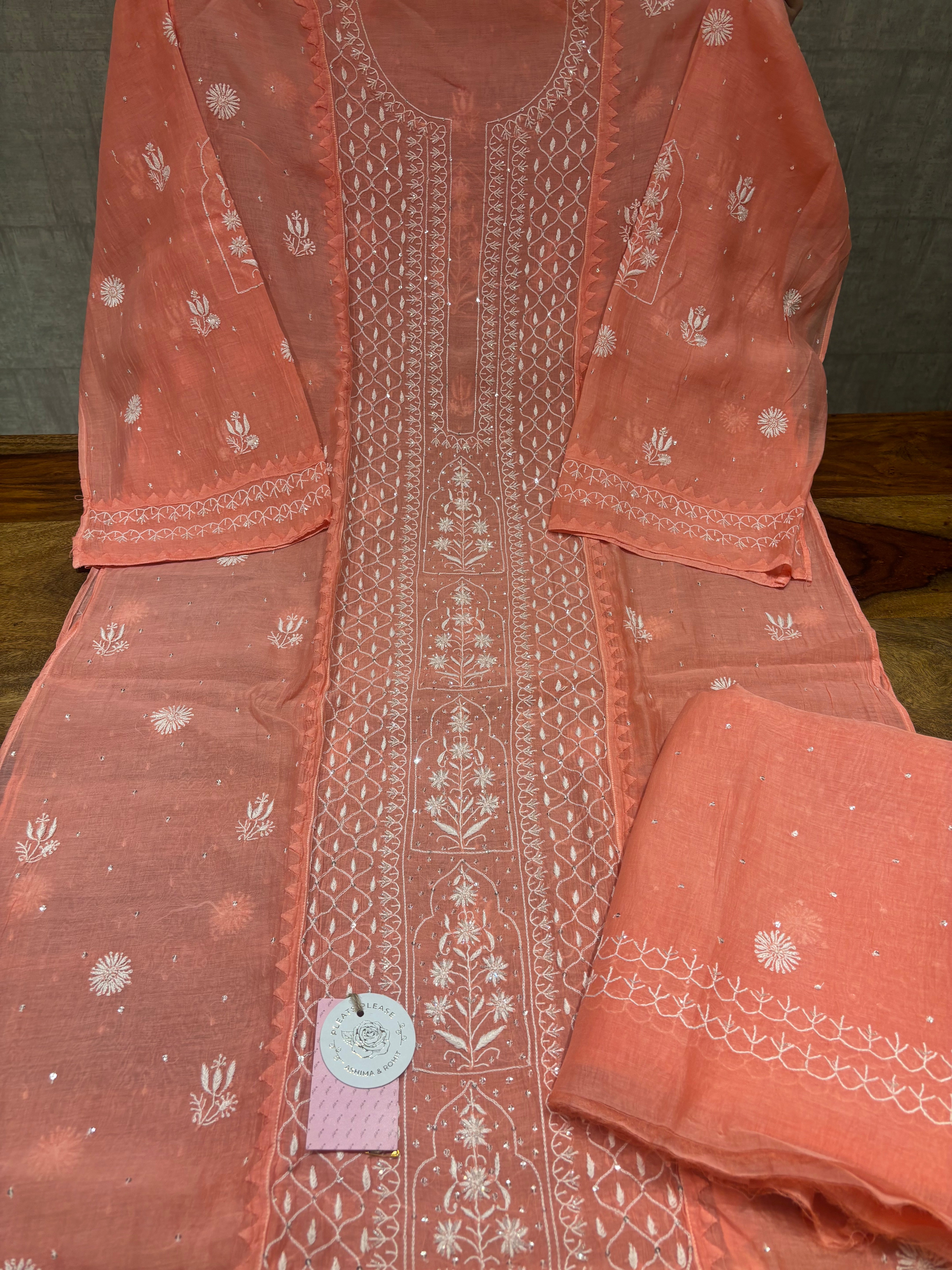 Pink Chanderi Mul Chikankari Kurta and Dupatta Set