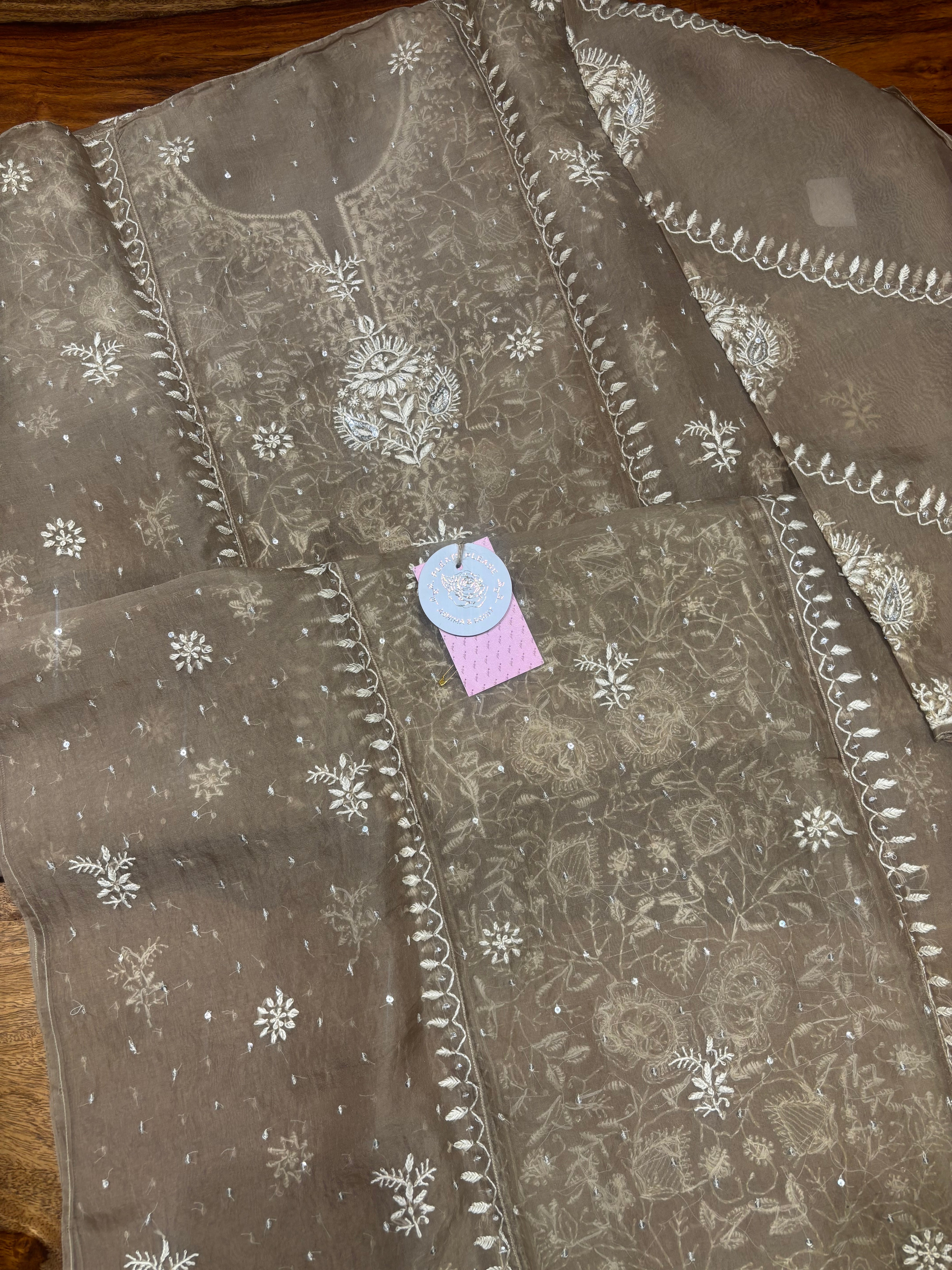 Brown Pure & Premium Organza Silk Chikankari Kurta & Dupatta Set