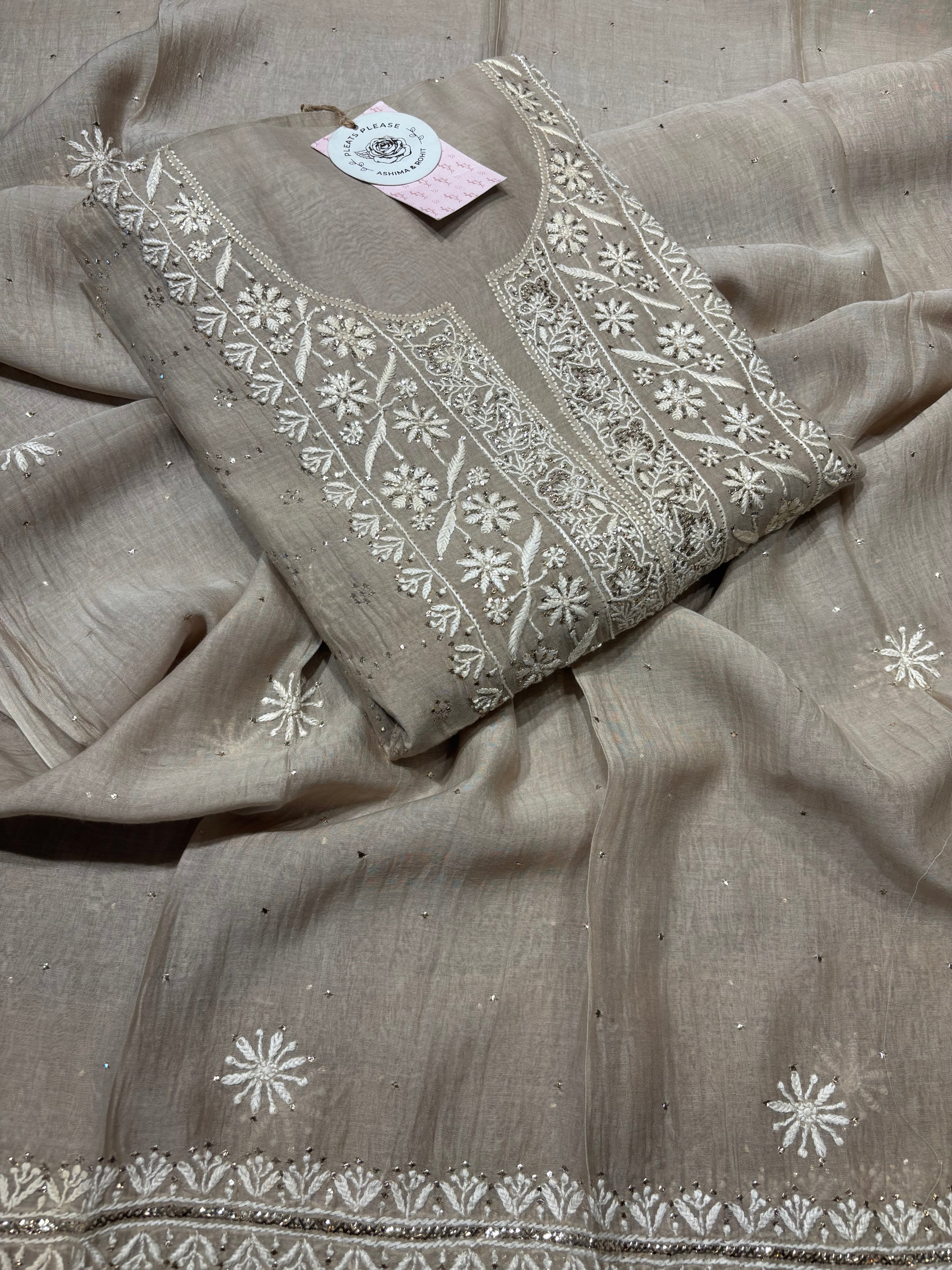 Mocha mousse Chanderi Mul Chikankari kurta and Dupatta Fabric