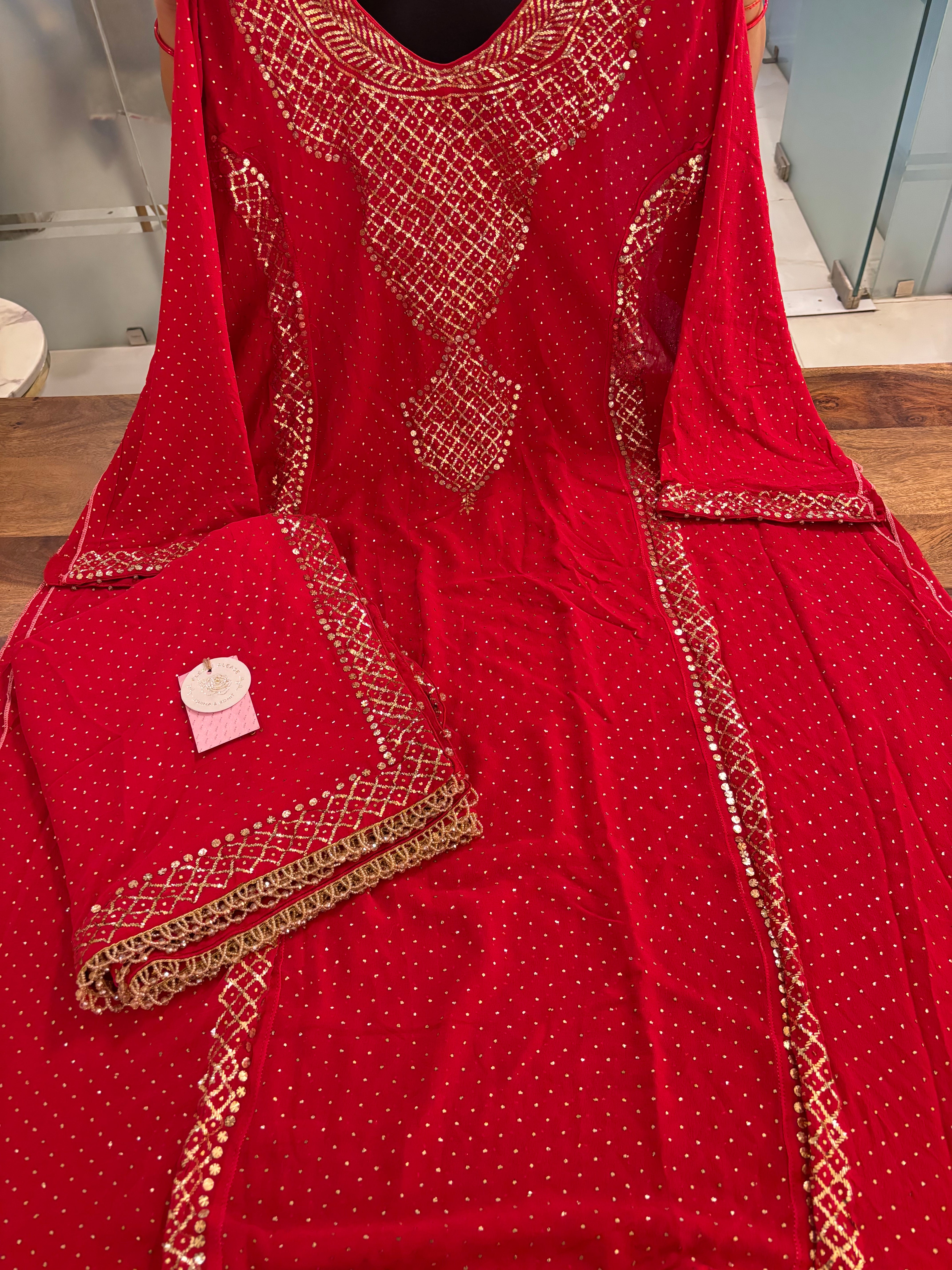 Red Pure & Premium Georgette Mukaish A-Line Kurta & Dupatta