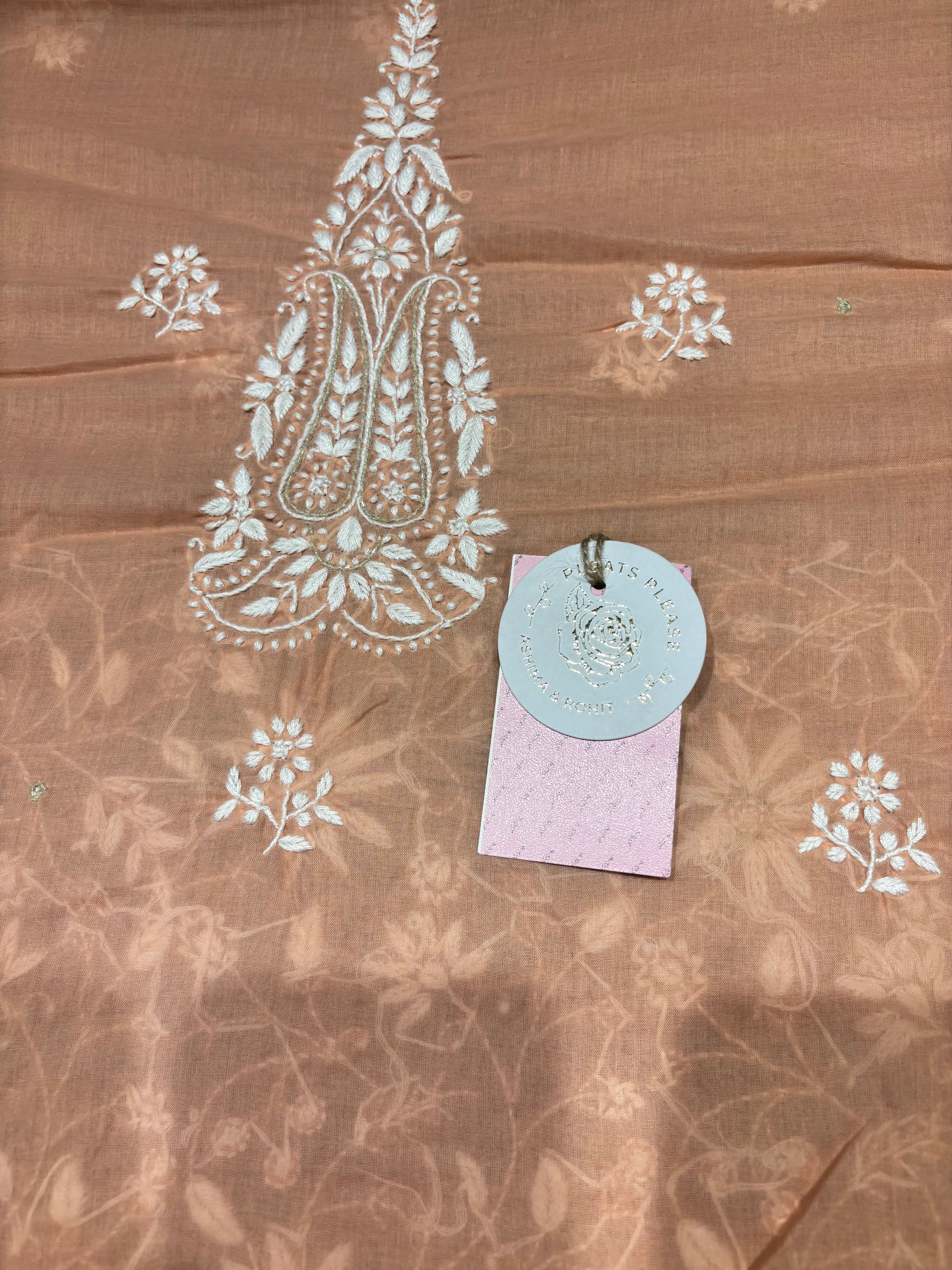 Peach Cotton Chikankari Kurta Fabric