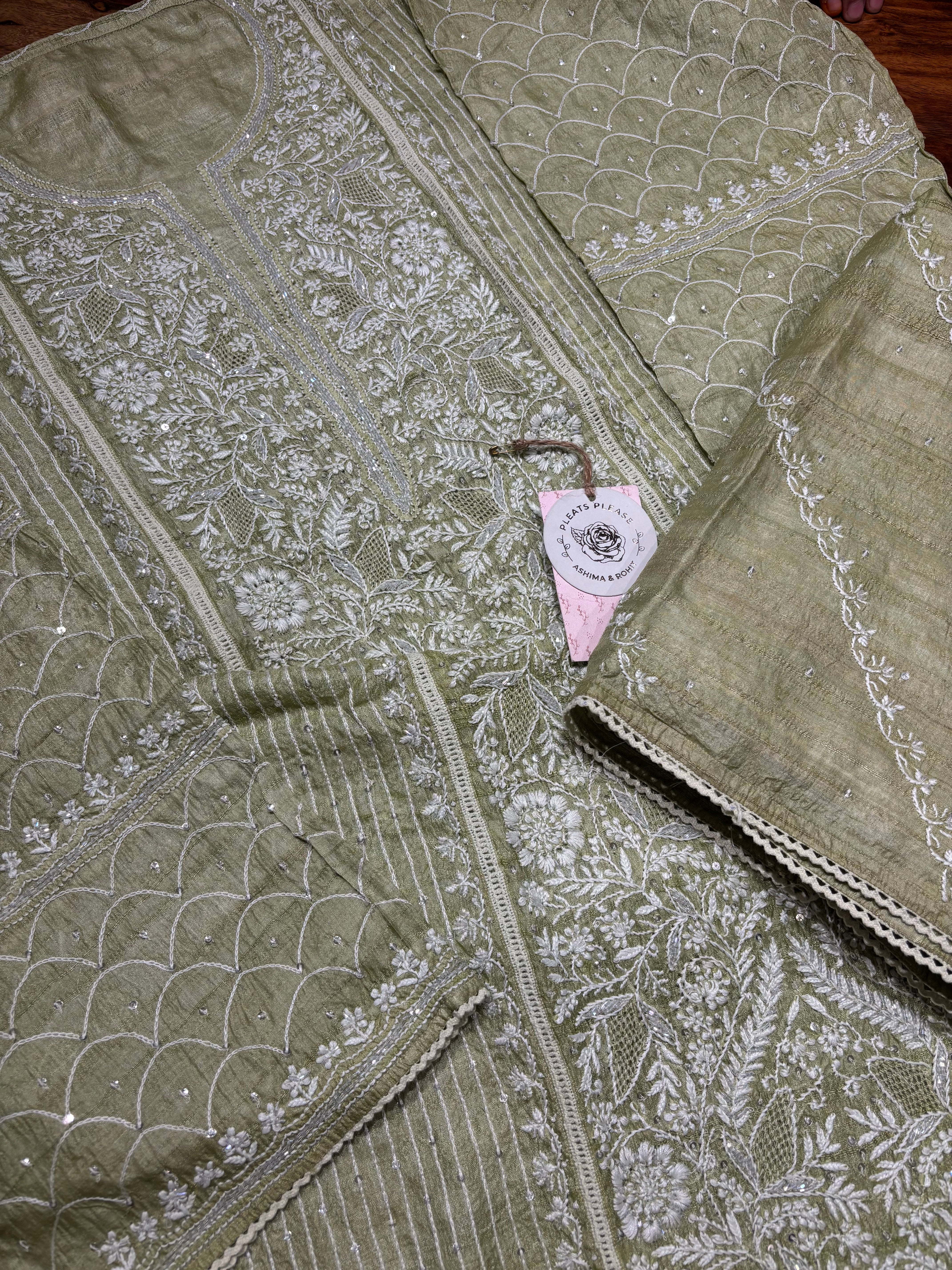 Sage Green Tussar Silk Chikankari Kurta And Dupatta Set