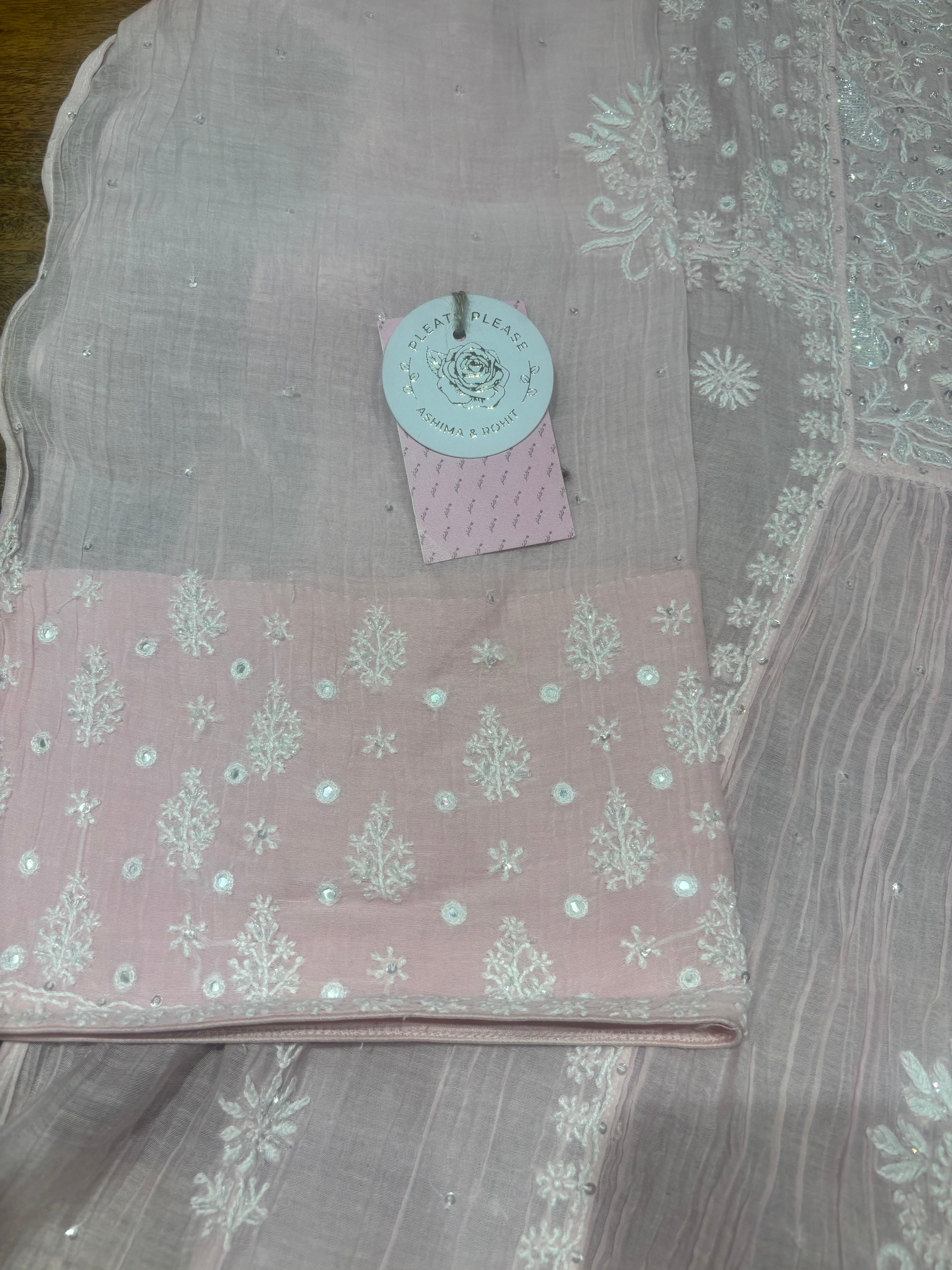 Soft Pink Chanderi Mul Chikankari Kurta, Sharara & Dupatta Set