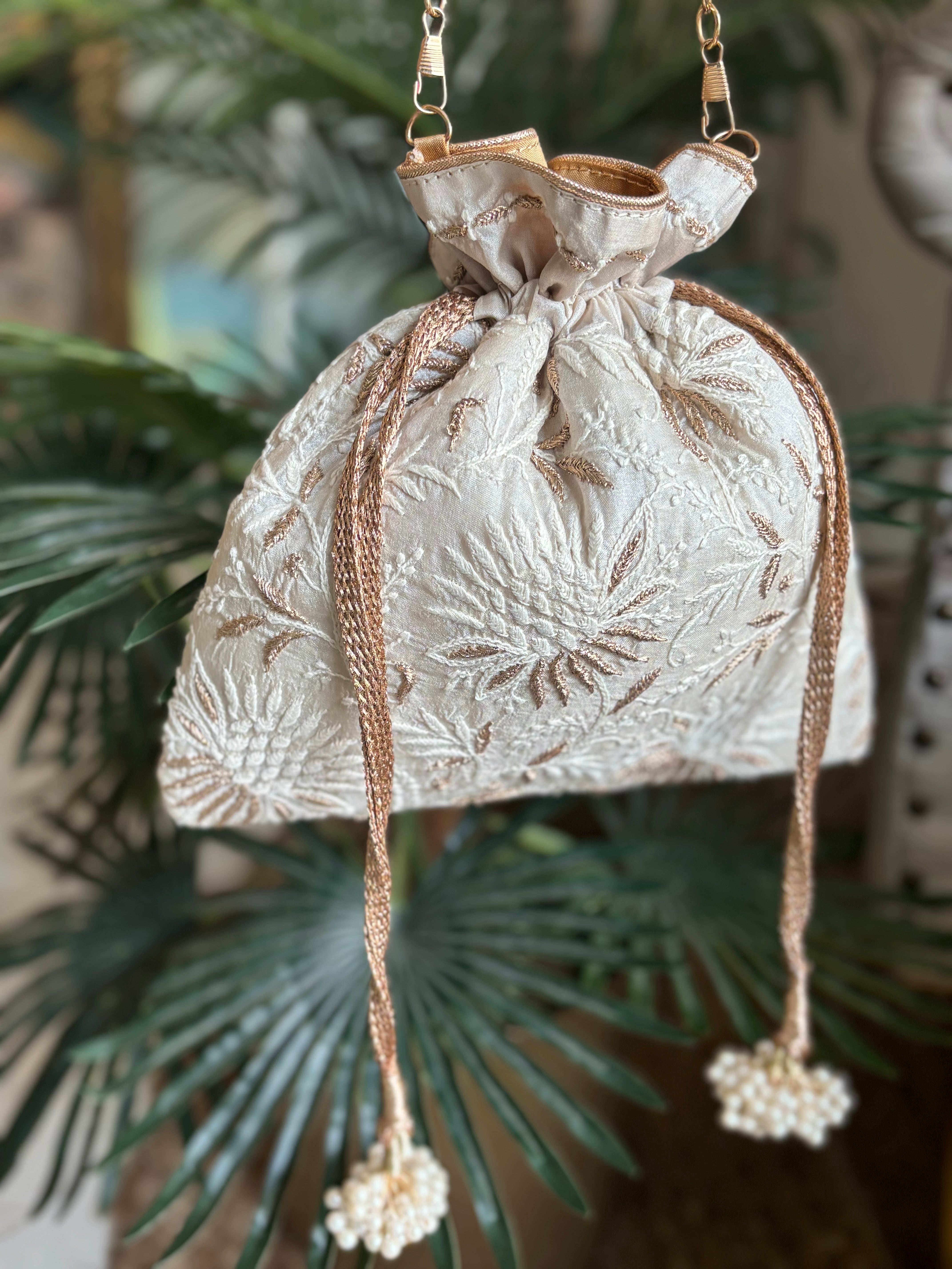 Ivory Silk Chikankari Potli