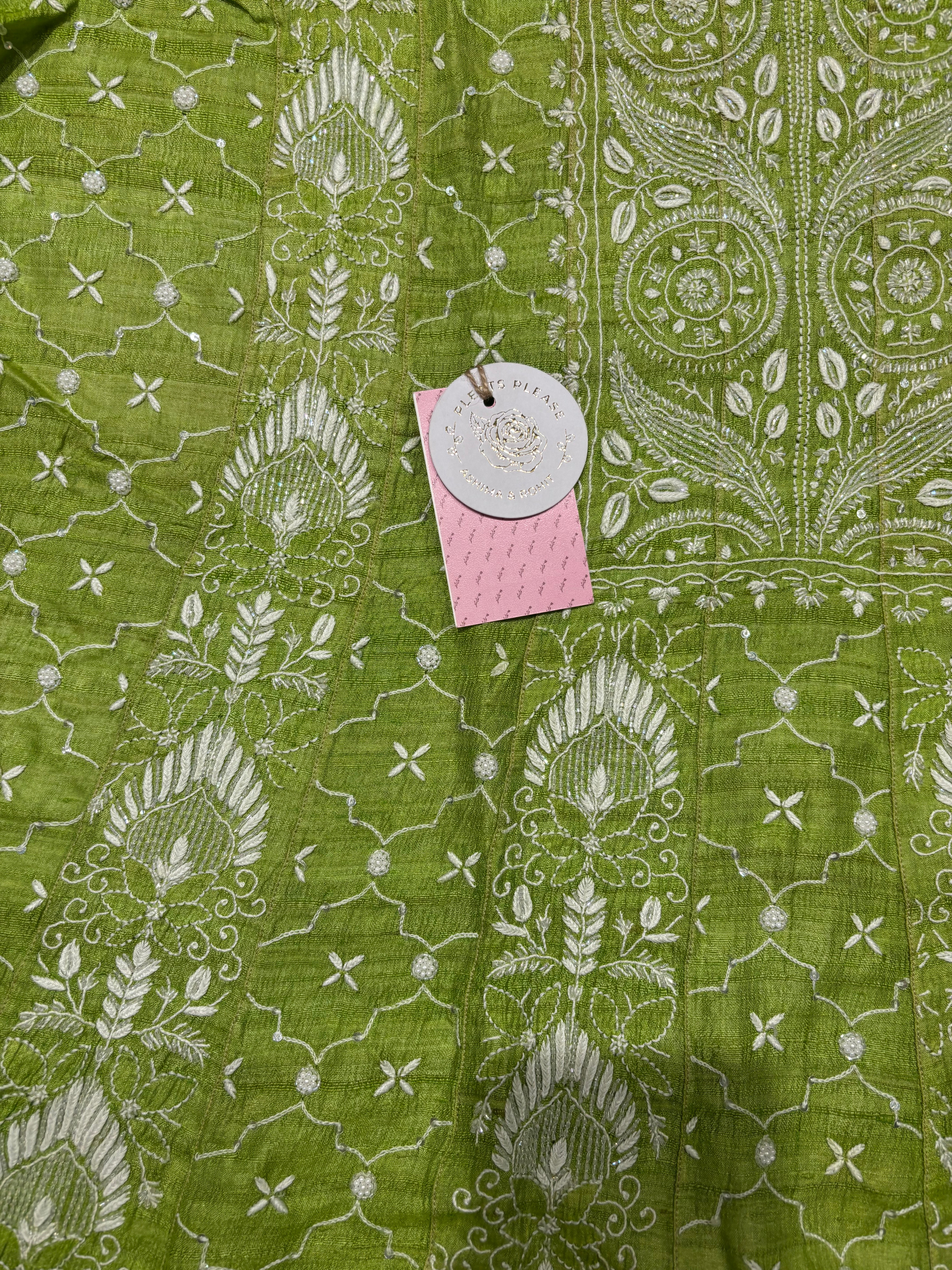 Green Tussar Silk Chikankari Anarkali and Dupatta Set