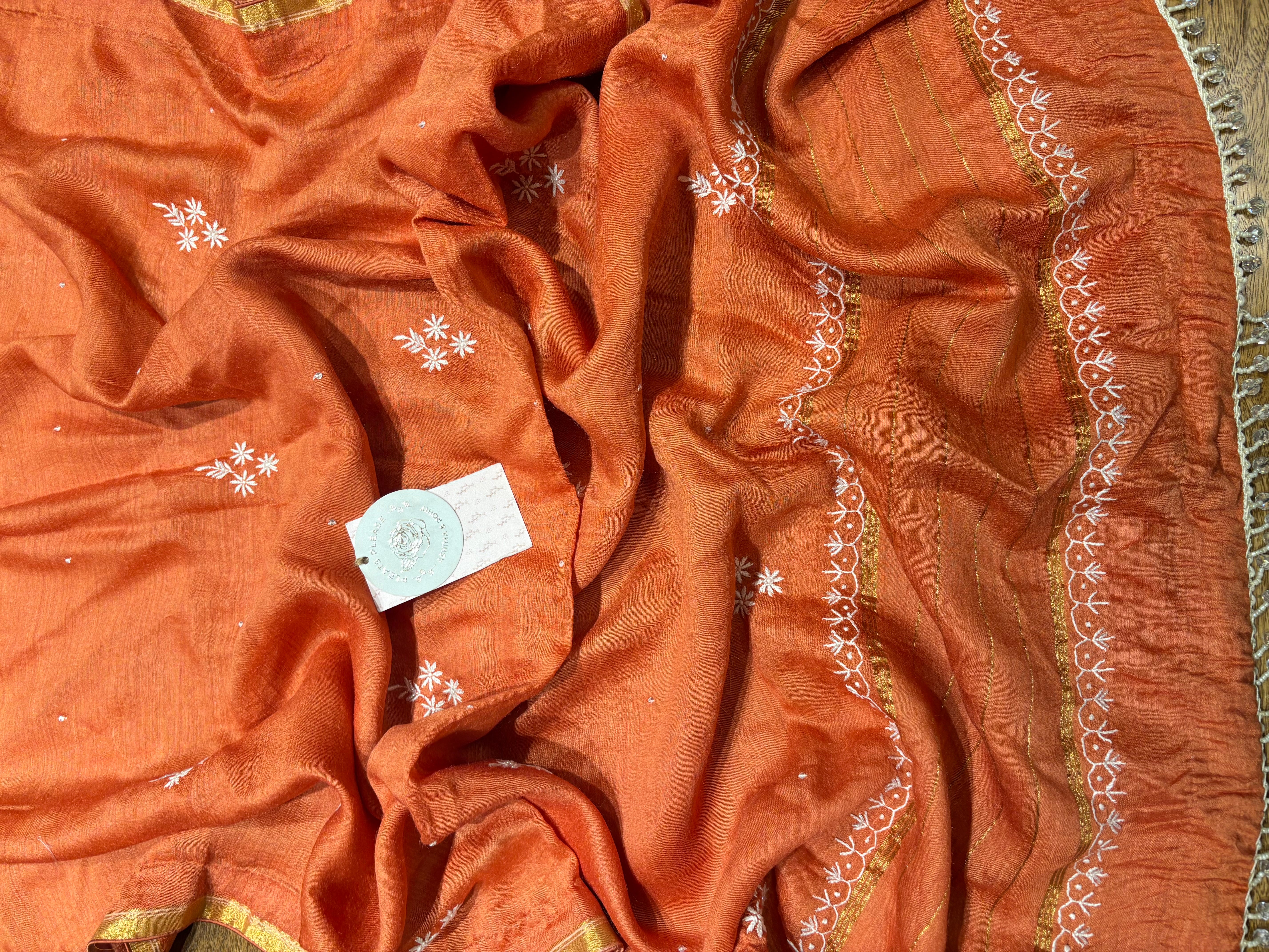 Burnt Orange Monga Silk Chikankari Kurta And Dupatta Set