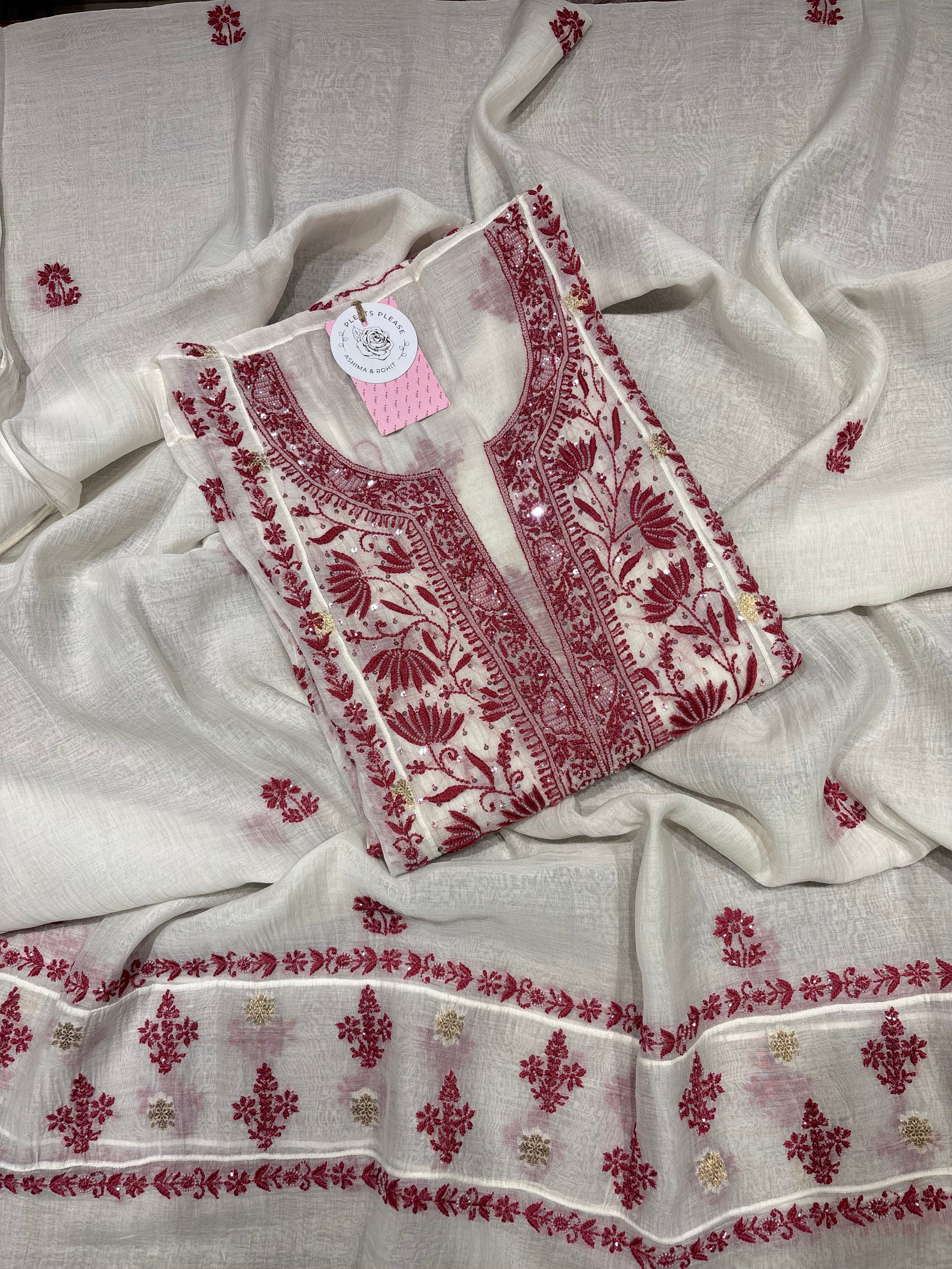 Dyeable Chanderi Mul Chikankari Kurta & Dupatta Set