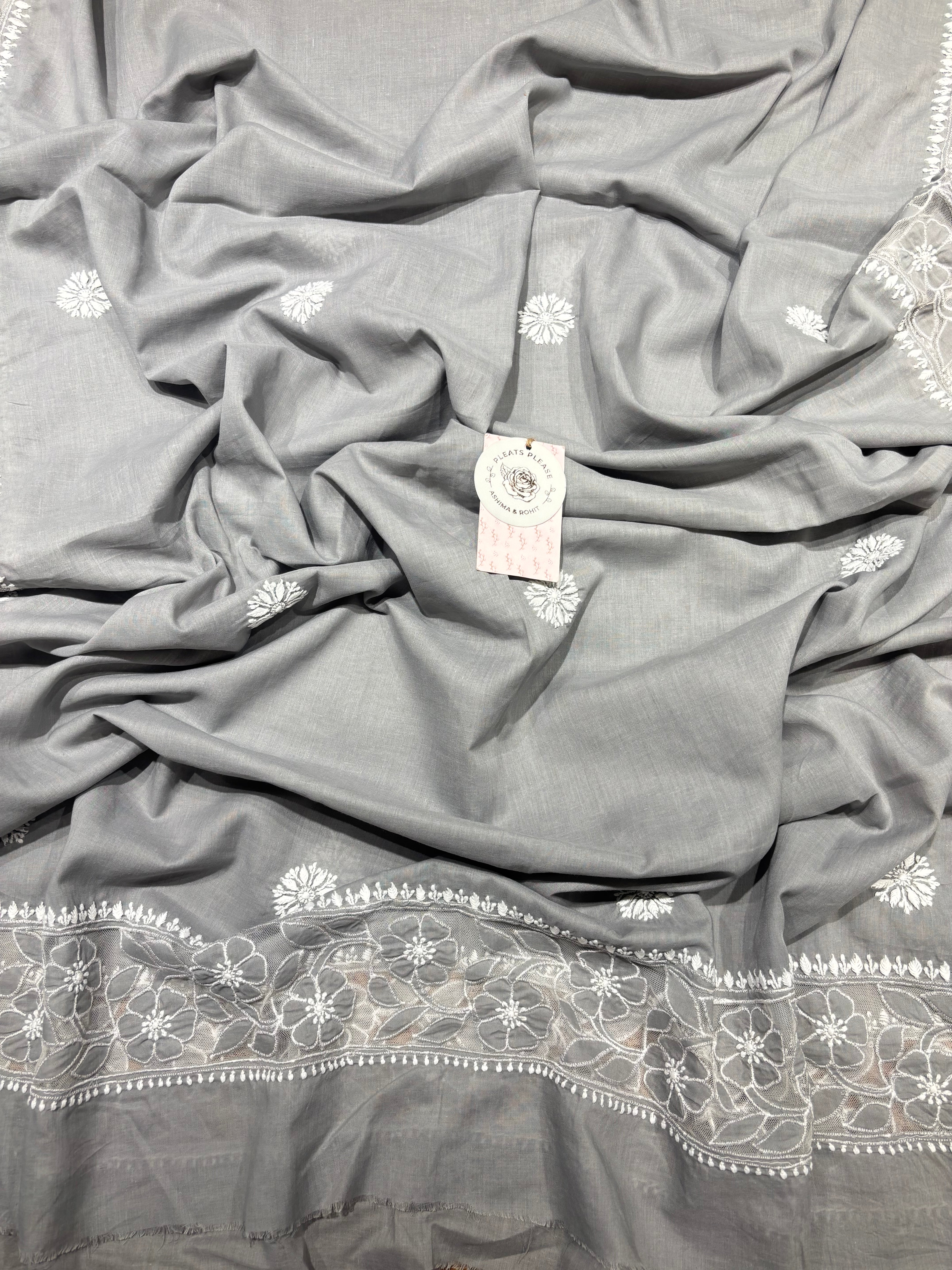 Gray Mulmul Soft Net Chikankari Applique Kurta And Dupatta Fabric