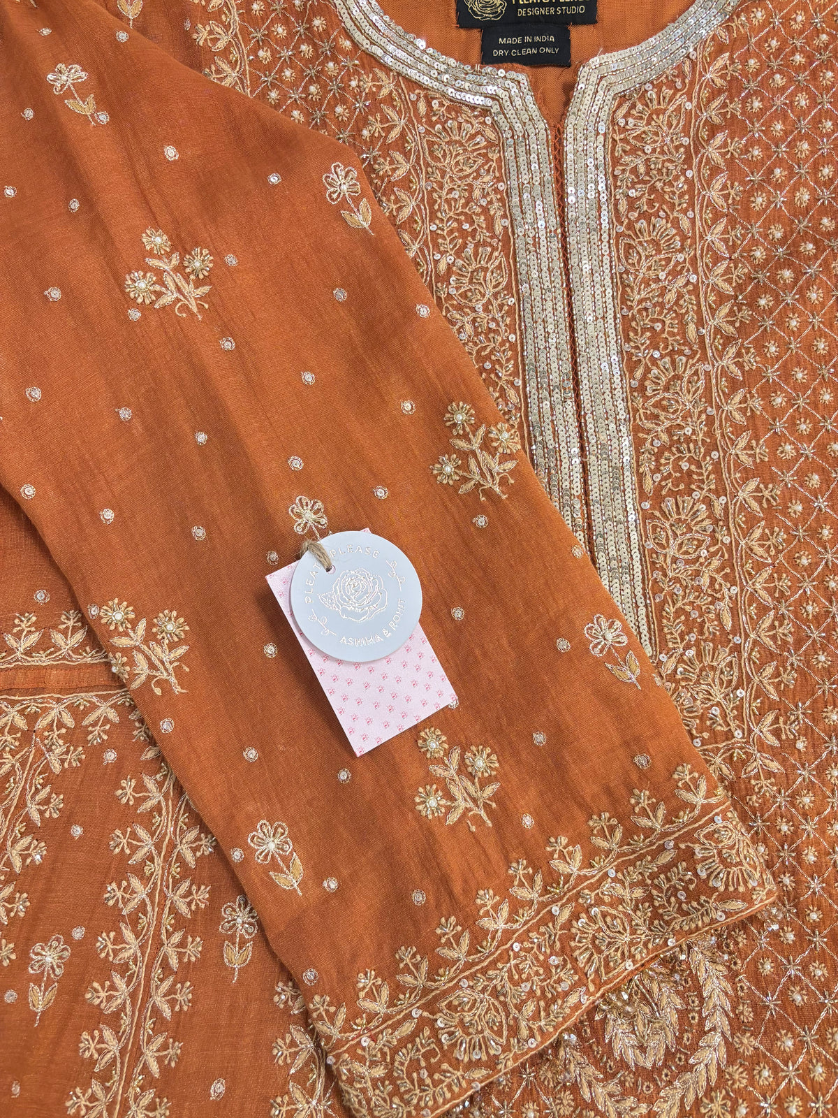 Burnt Orange Pure & Premium Tissue Chikankari Anarkali And Dupatta With Bottom