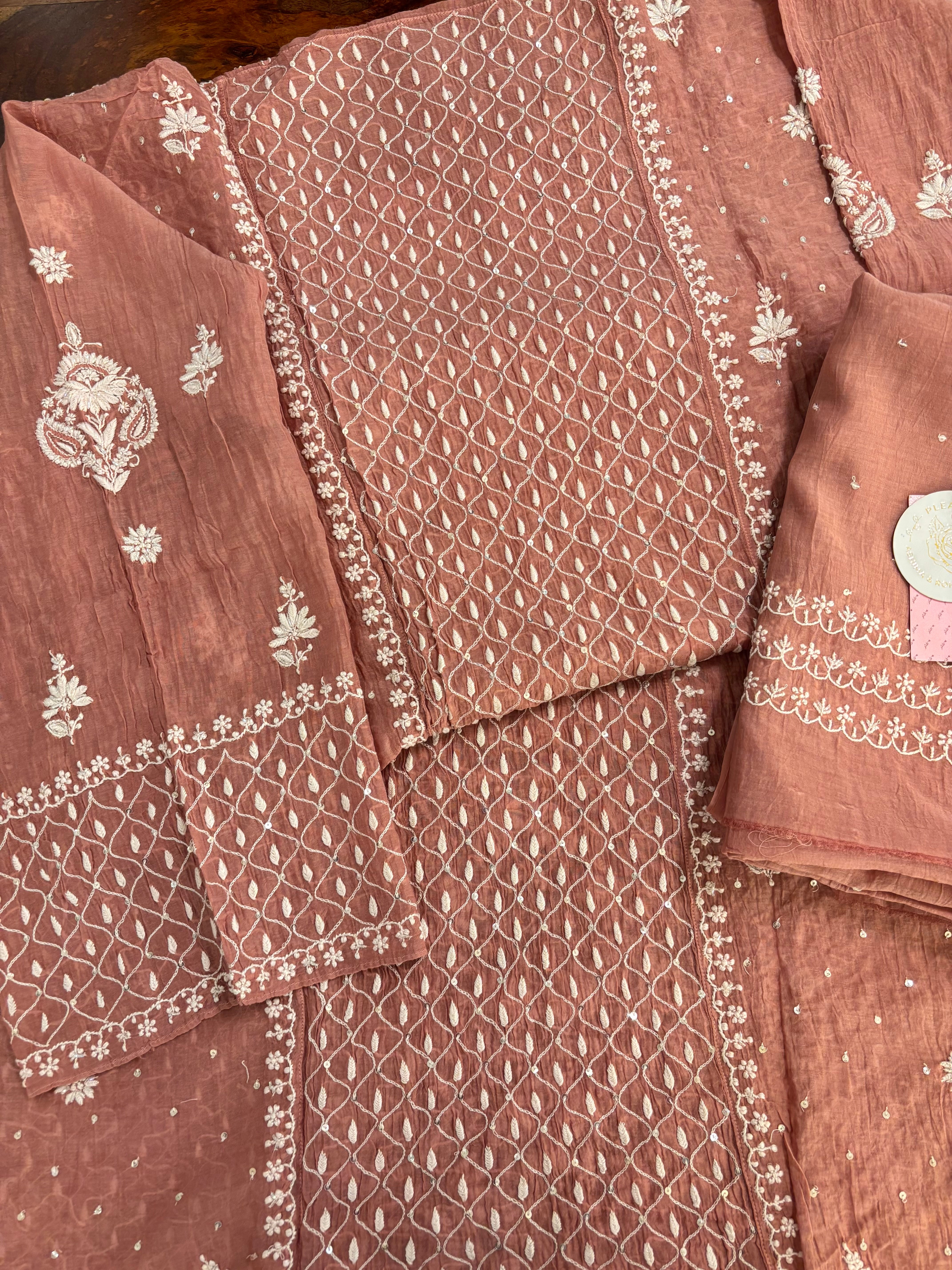 Dusty Rose Chanderi Mul Chikankari Kurta & Dupatta