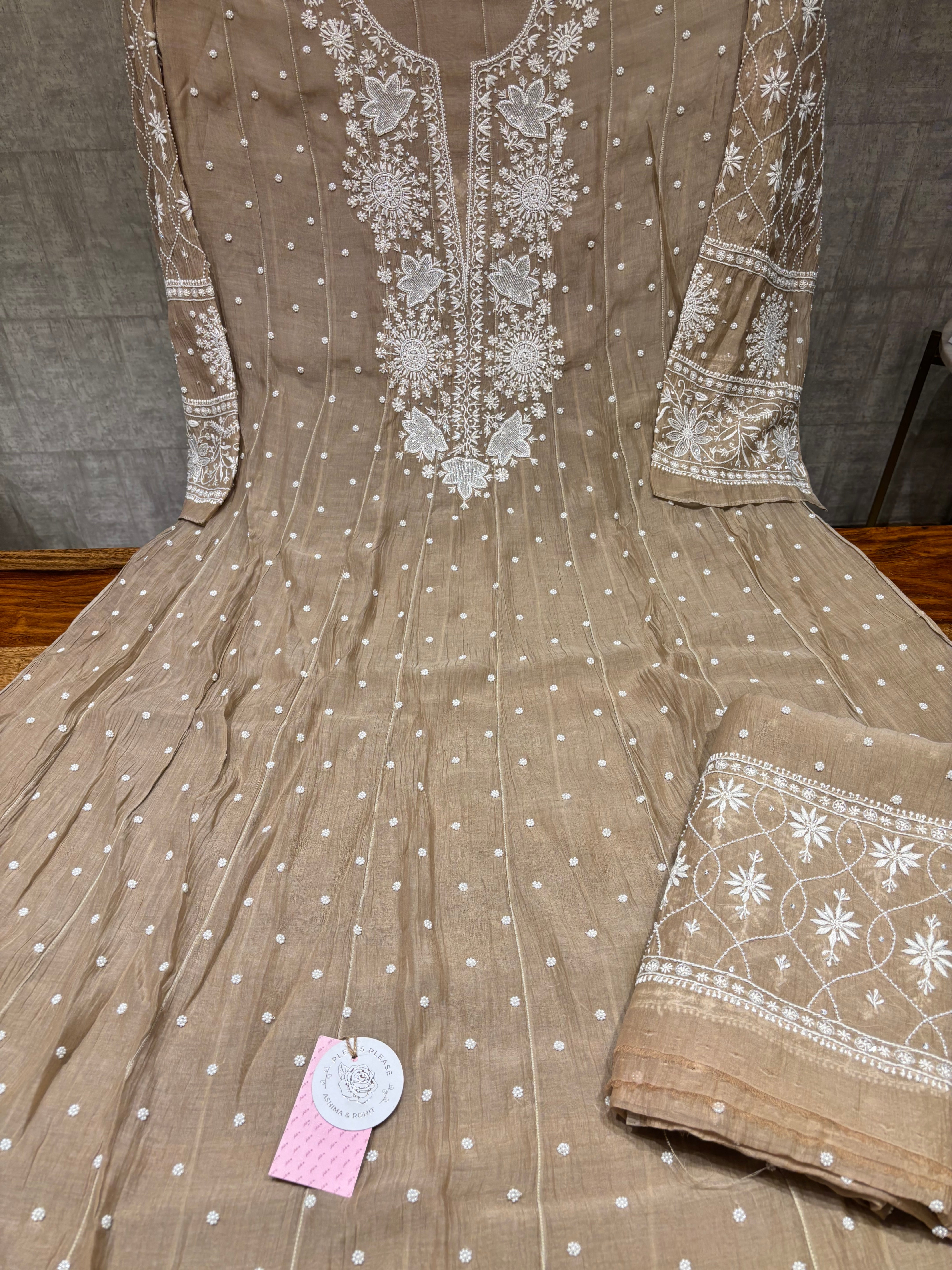 Brown Chanderi Mul Chikankari Anarkali and Dupatta Set