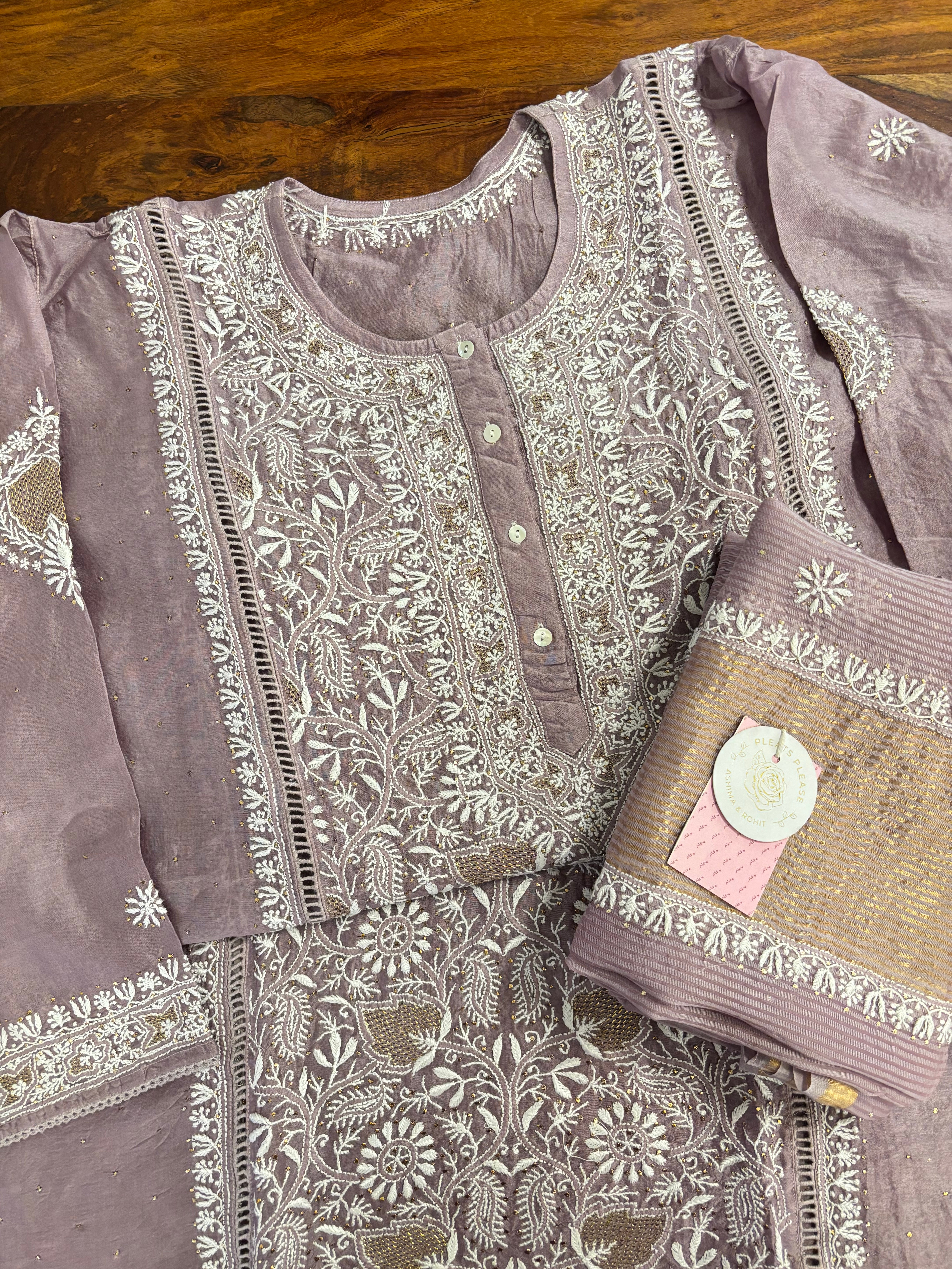 Mauve Chanderi Mukaish Chikankari Kurta & Dupatta - Pleats PleaseChikankari