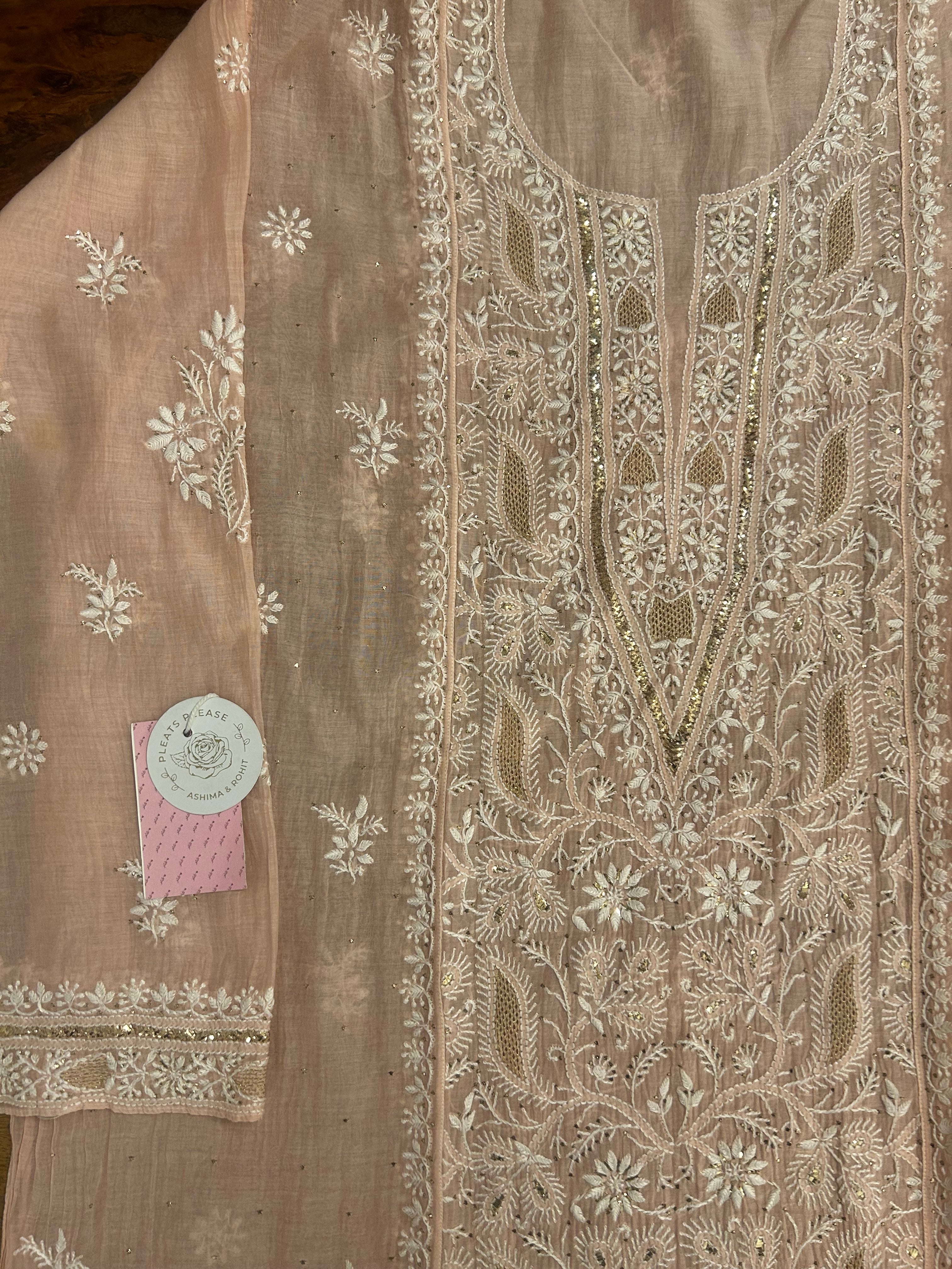 Dusty peach Chanderi Chikankari Mukaish Kurta & Dupatta - Pleats PleaseChikankari