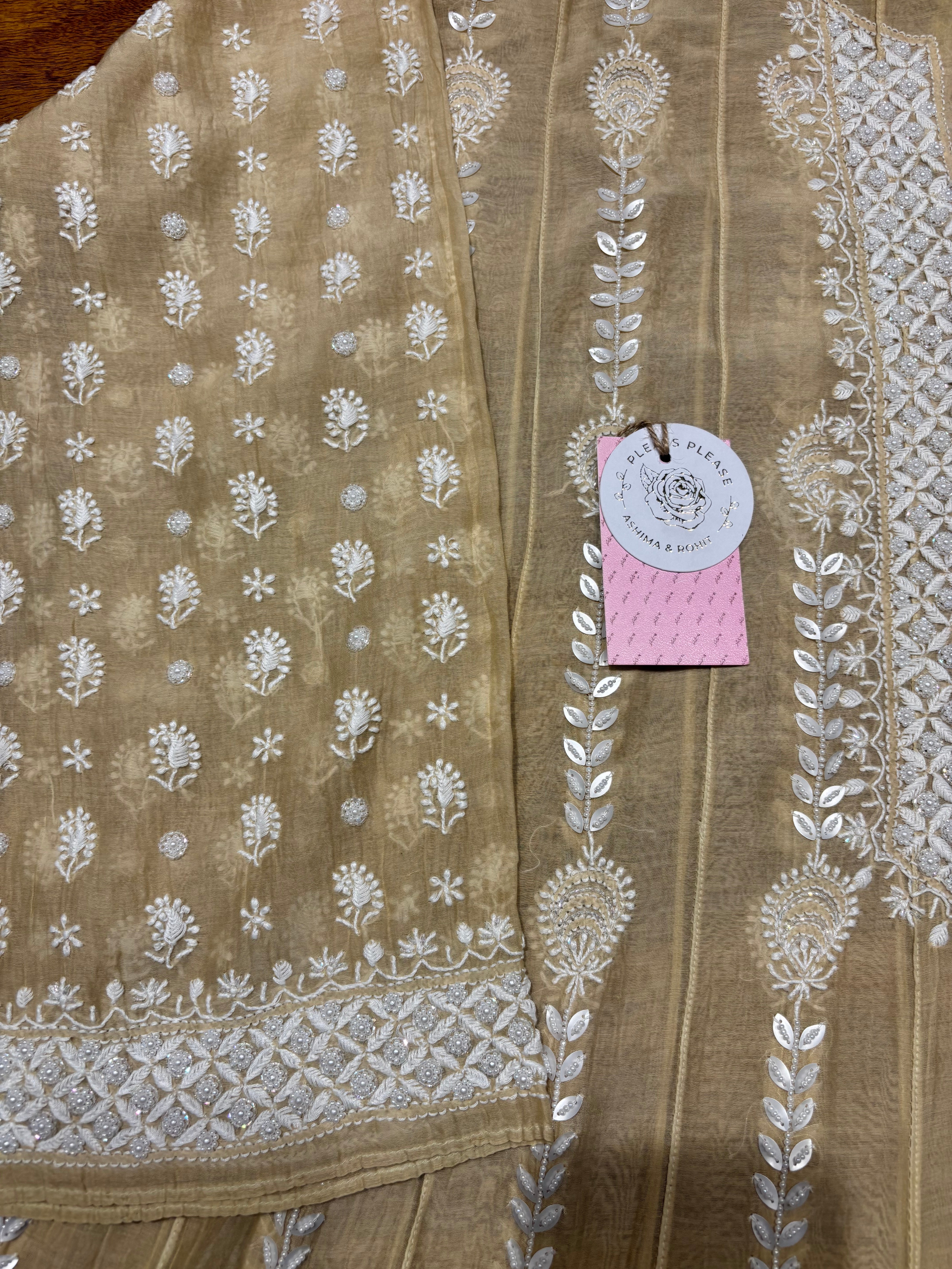 Coffee Cream Chanderi Mul Chikankari Anarkali and Dupatta Set