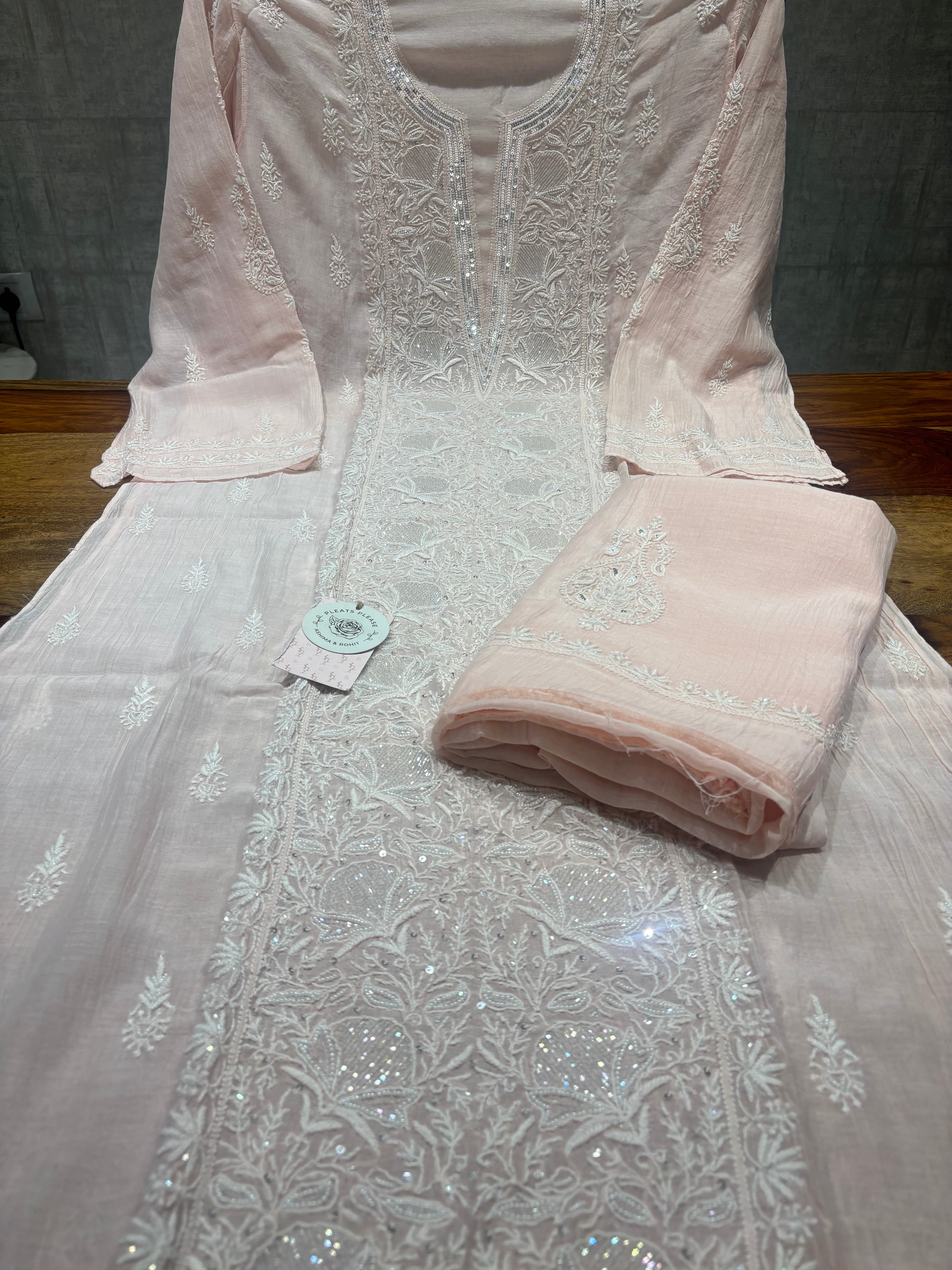 Peach Chanderi Mul Chikankari Kurta & Dupatta Set