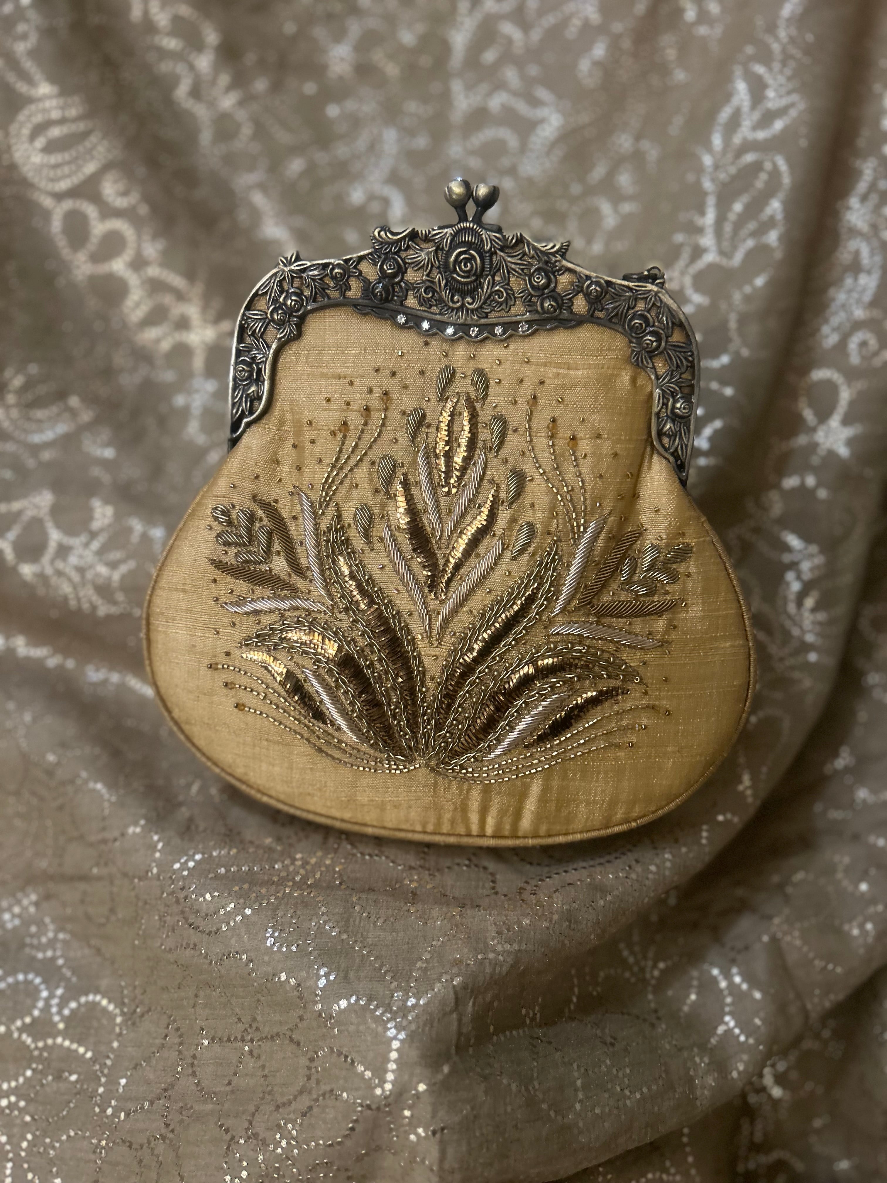 Beige Zardozi Mukaish Clutch Bag