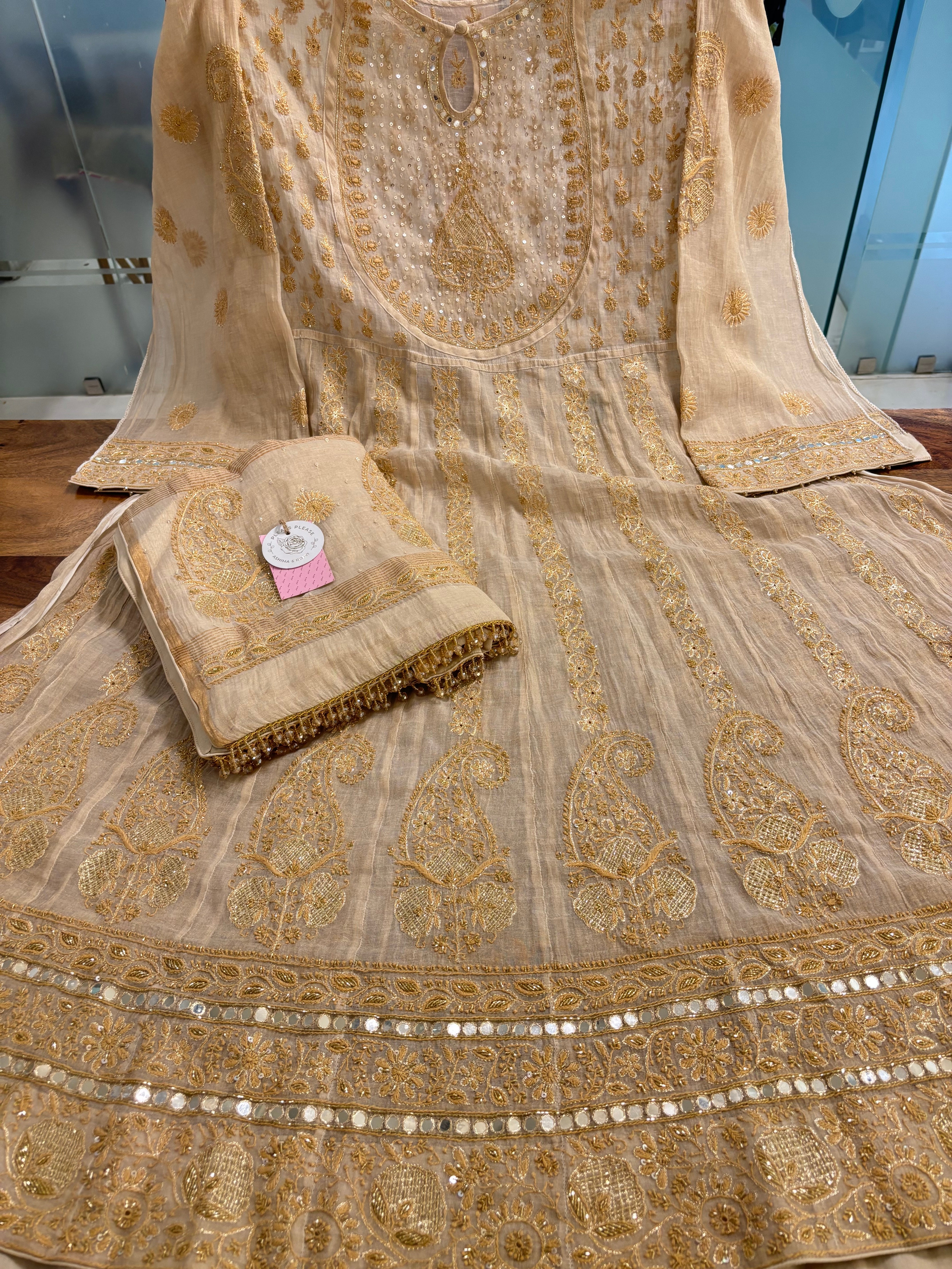 Dyeable Pure & Premium Tissue Mirror Chikankari Bajirao Anarkali & Dupatta