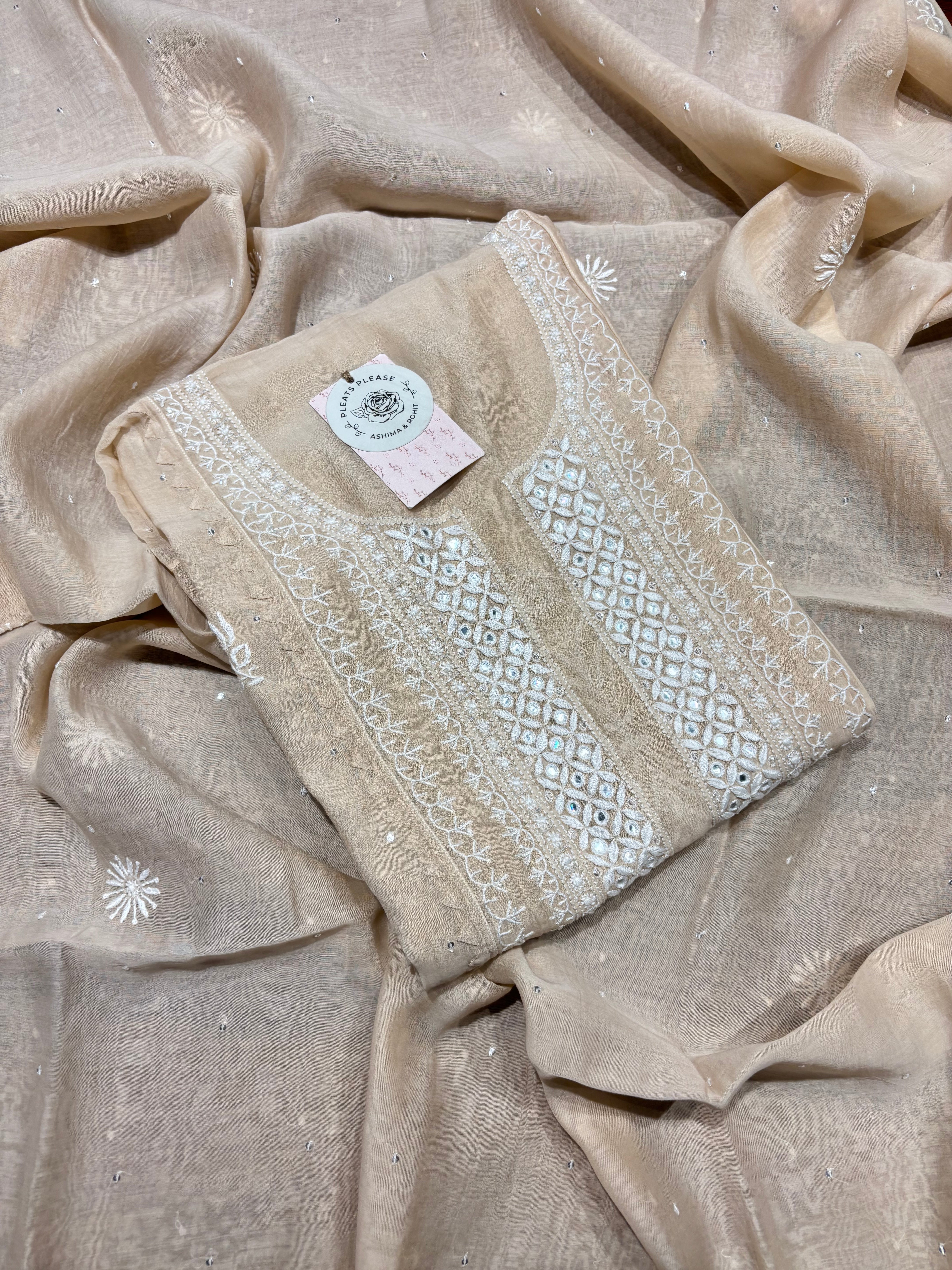 Coffee Cream Chanderi Mul  Chikankari Kurta and Dupatta Set