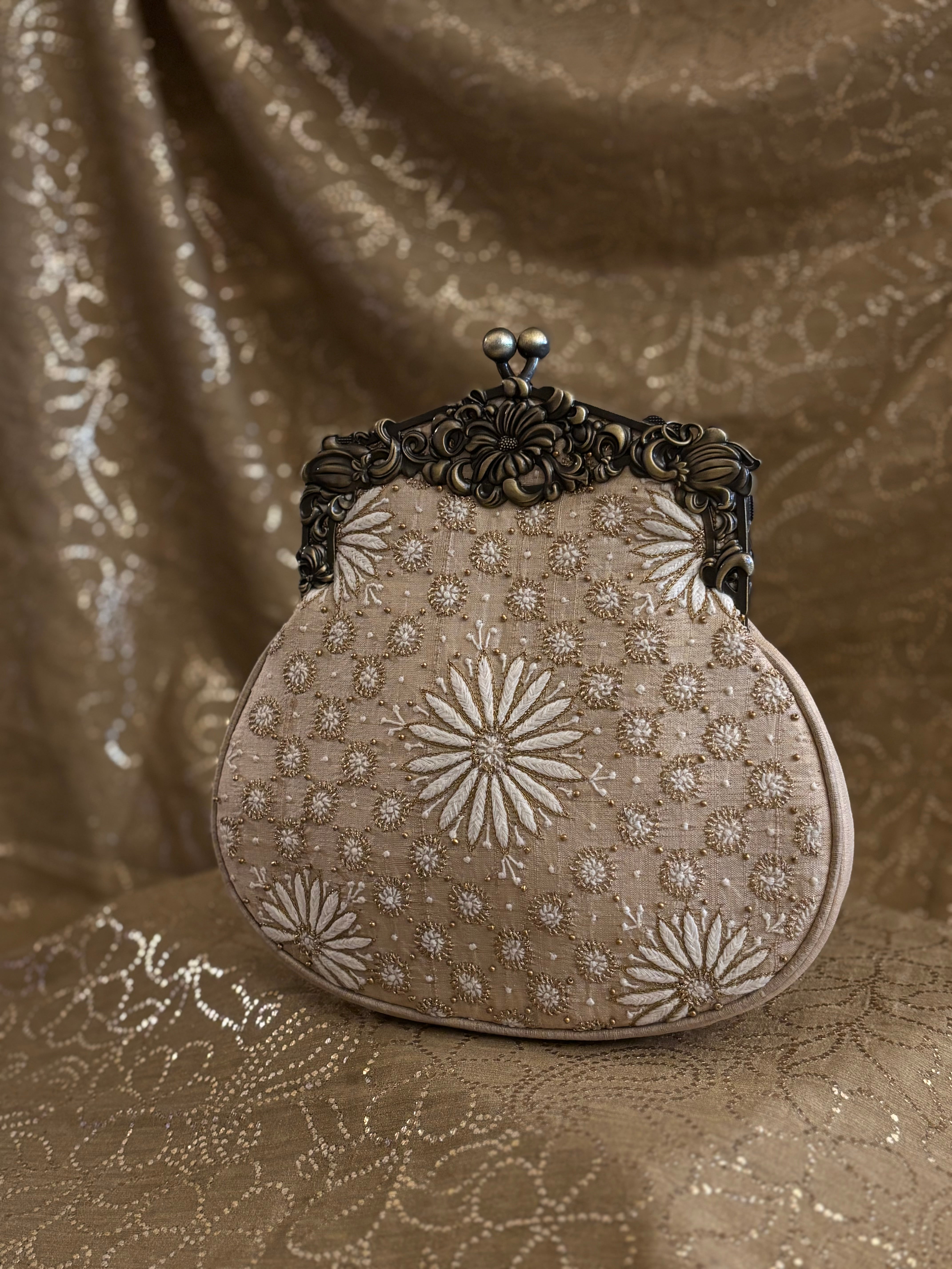 Beige Chikankari Clutch Bag
