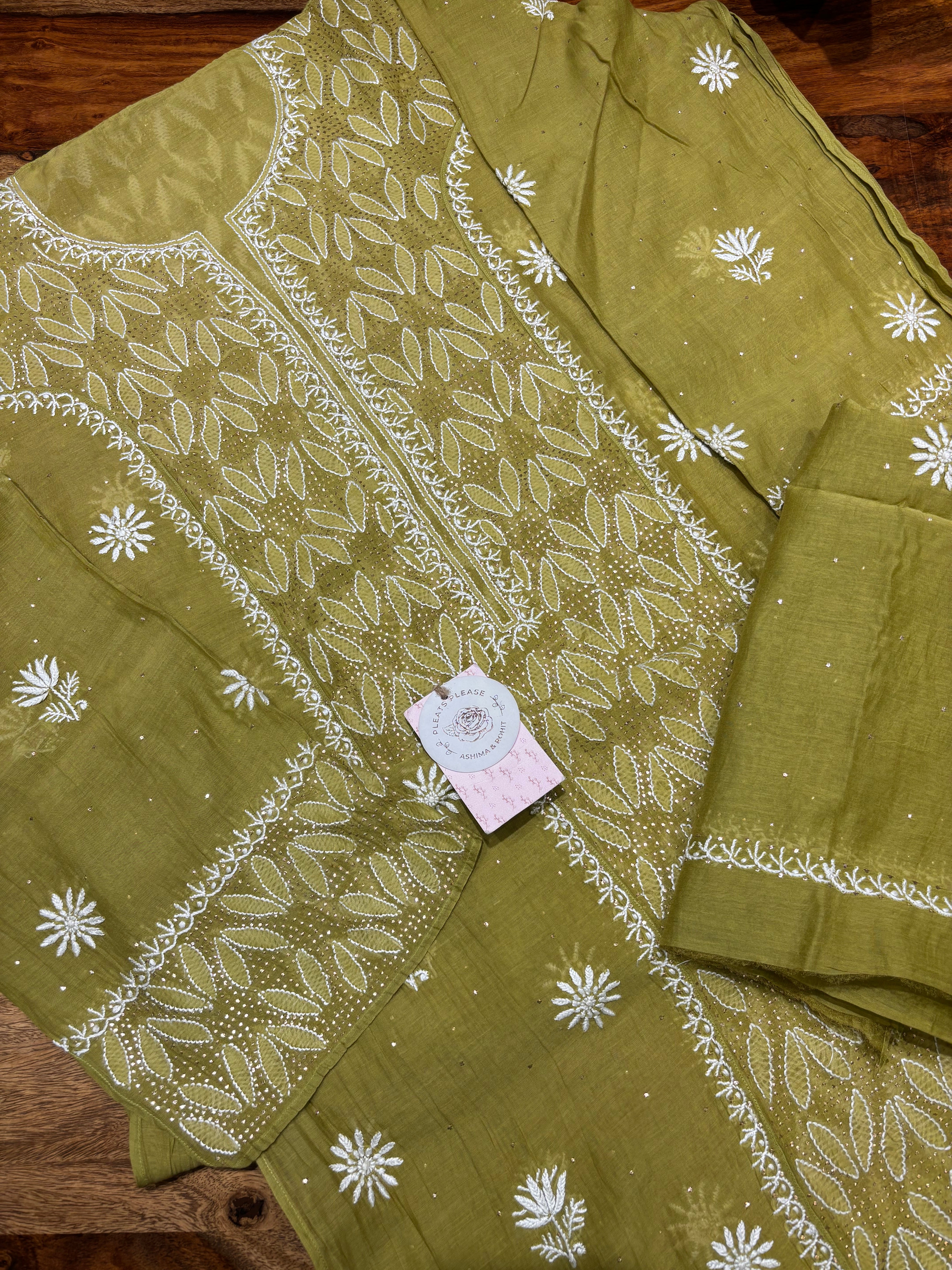 Dhani Green Chanderi Mul Chikankari & Mukaish Kurta & Dupatta Set