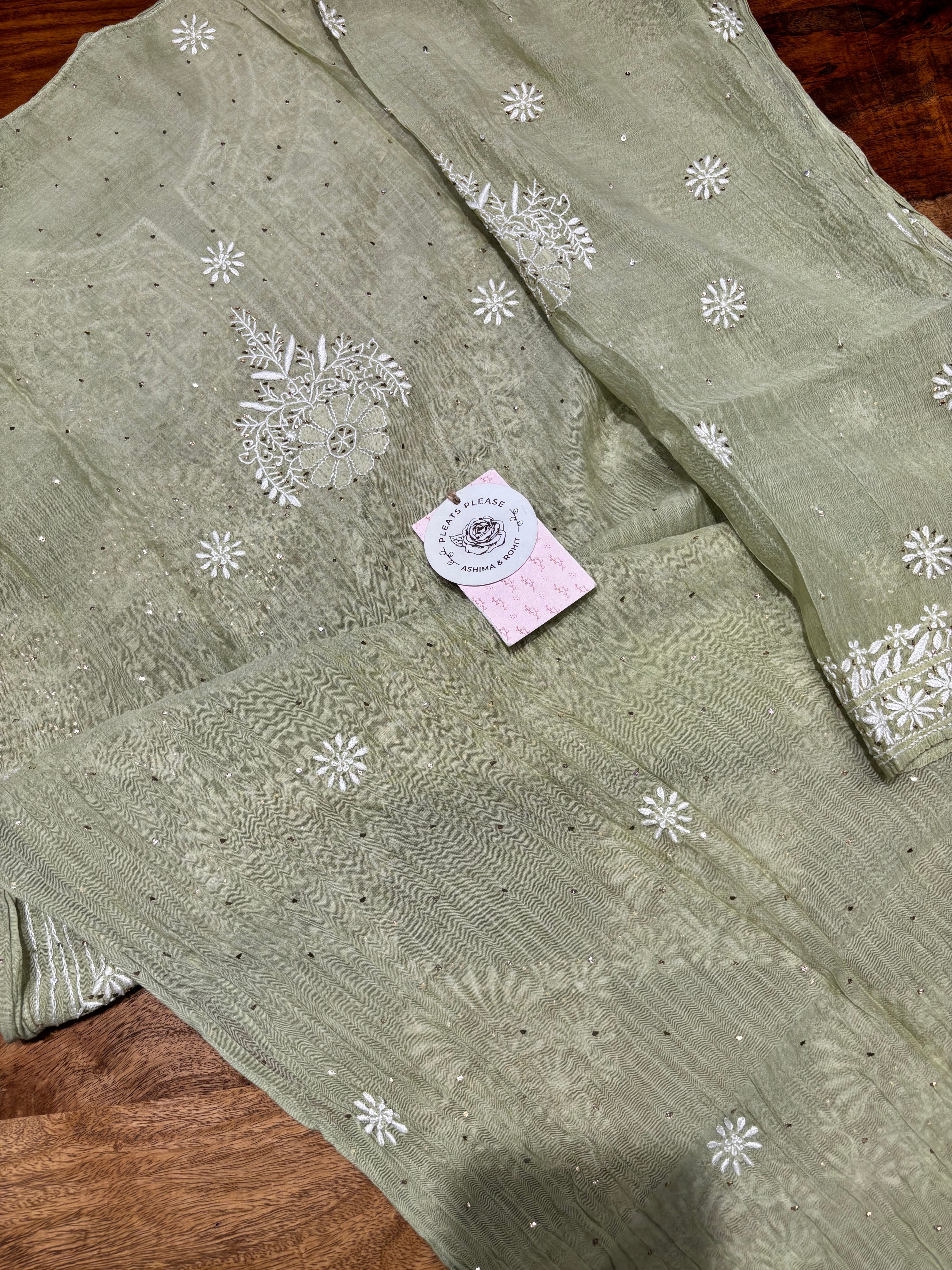 Green Chanderi Mul Chikankari & Mukaish Kurta & Dupatta Set