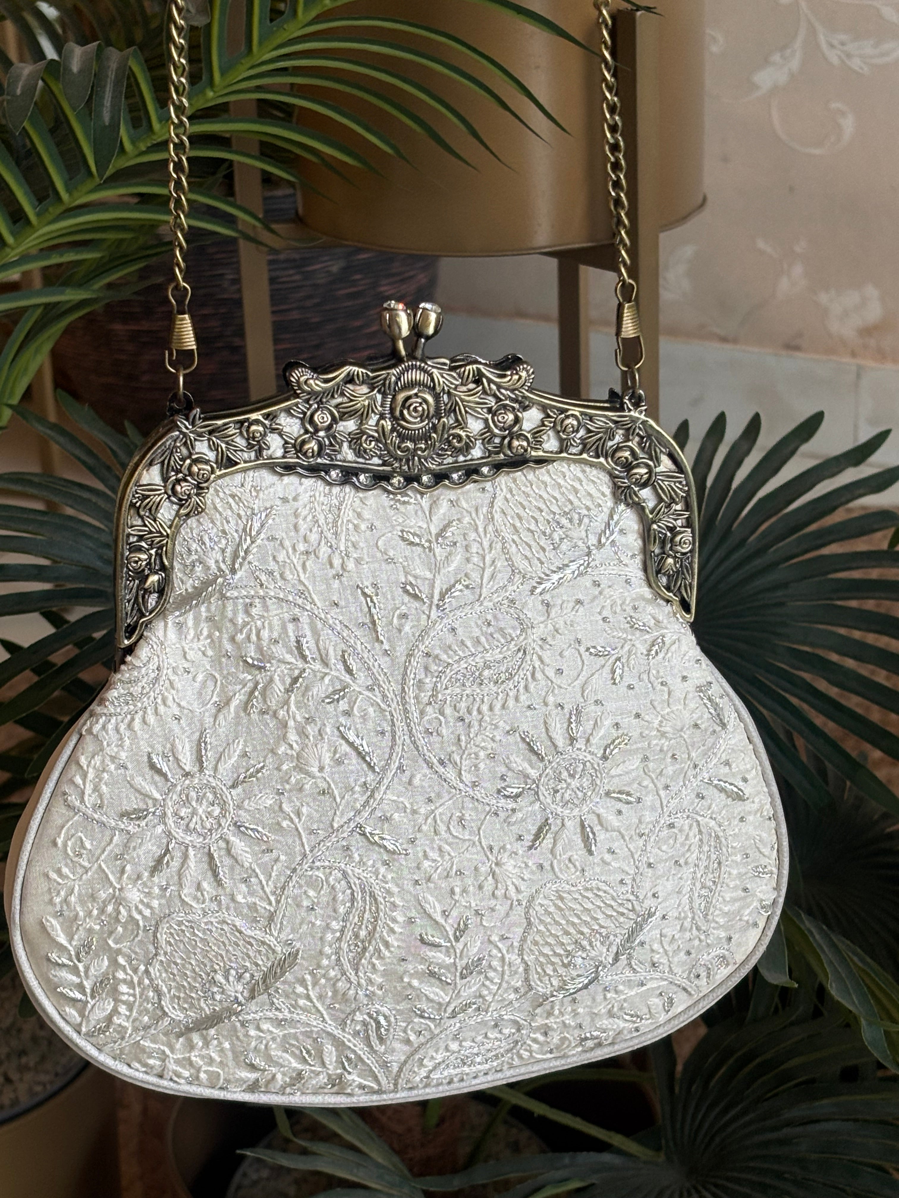 Silver Silk Chikankari Clutch