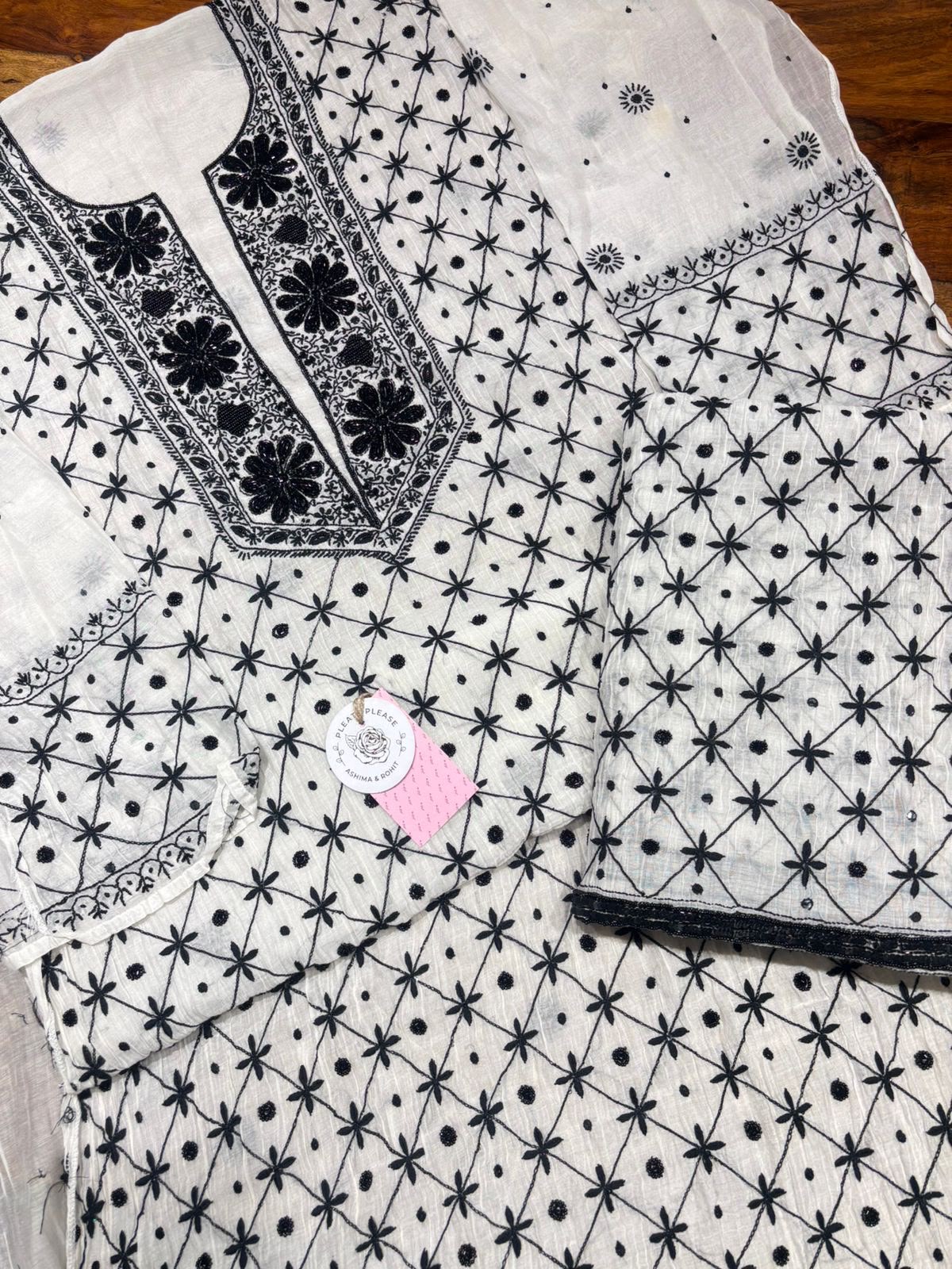 Dyeable  Black & White Chanderi Mul Chikankari Kurta & Dupatta
