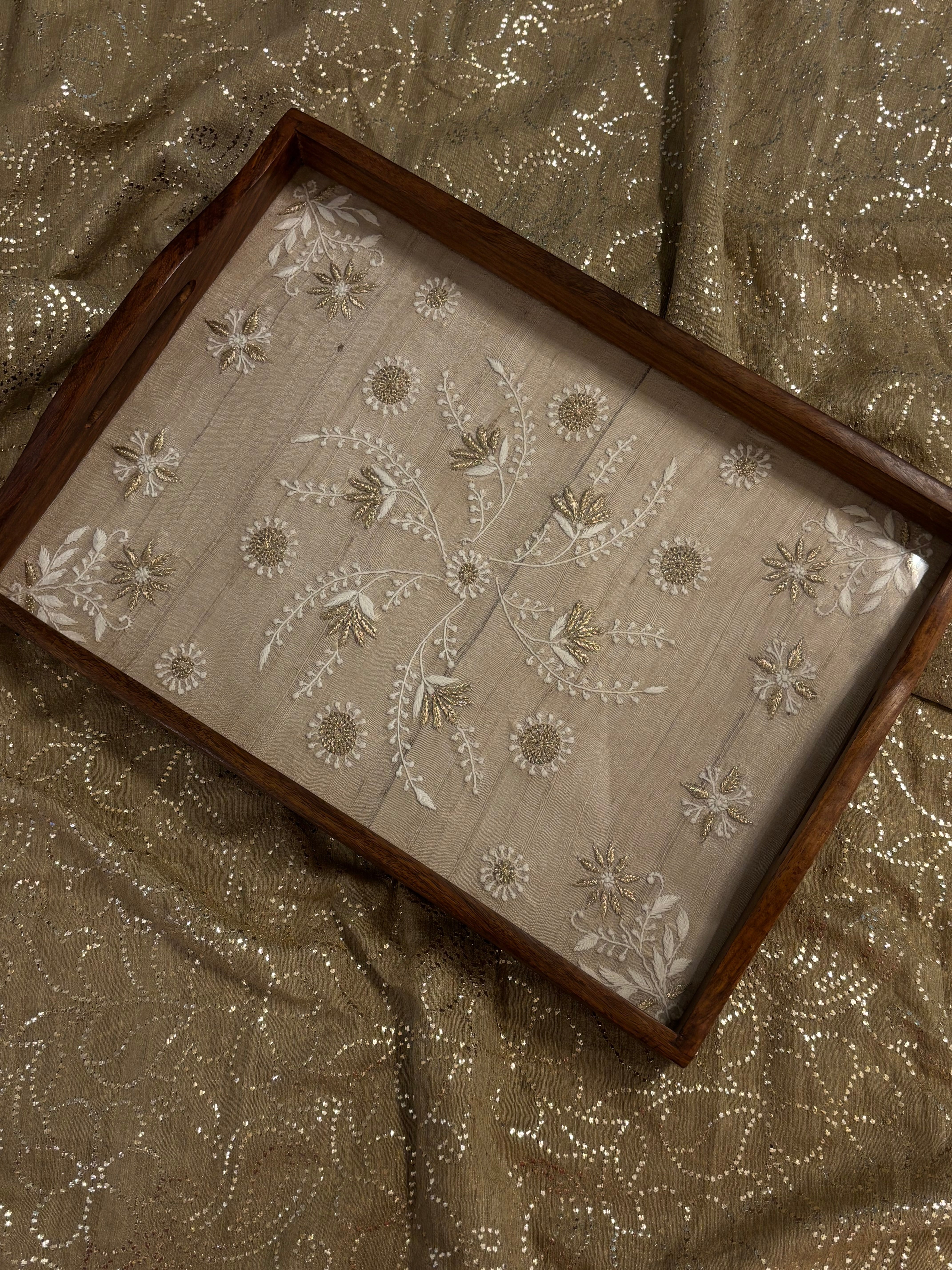 Fawn Silk rectangular Chikankari Tray