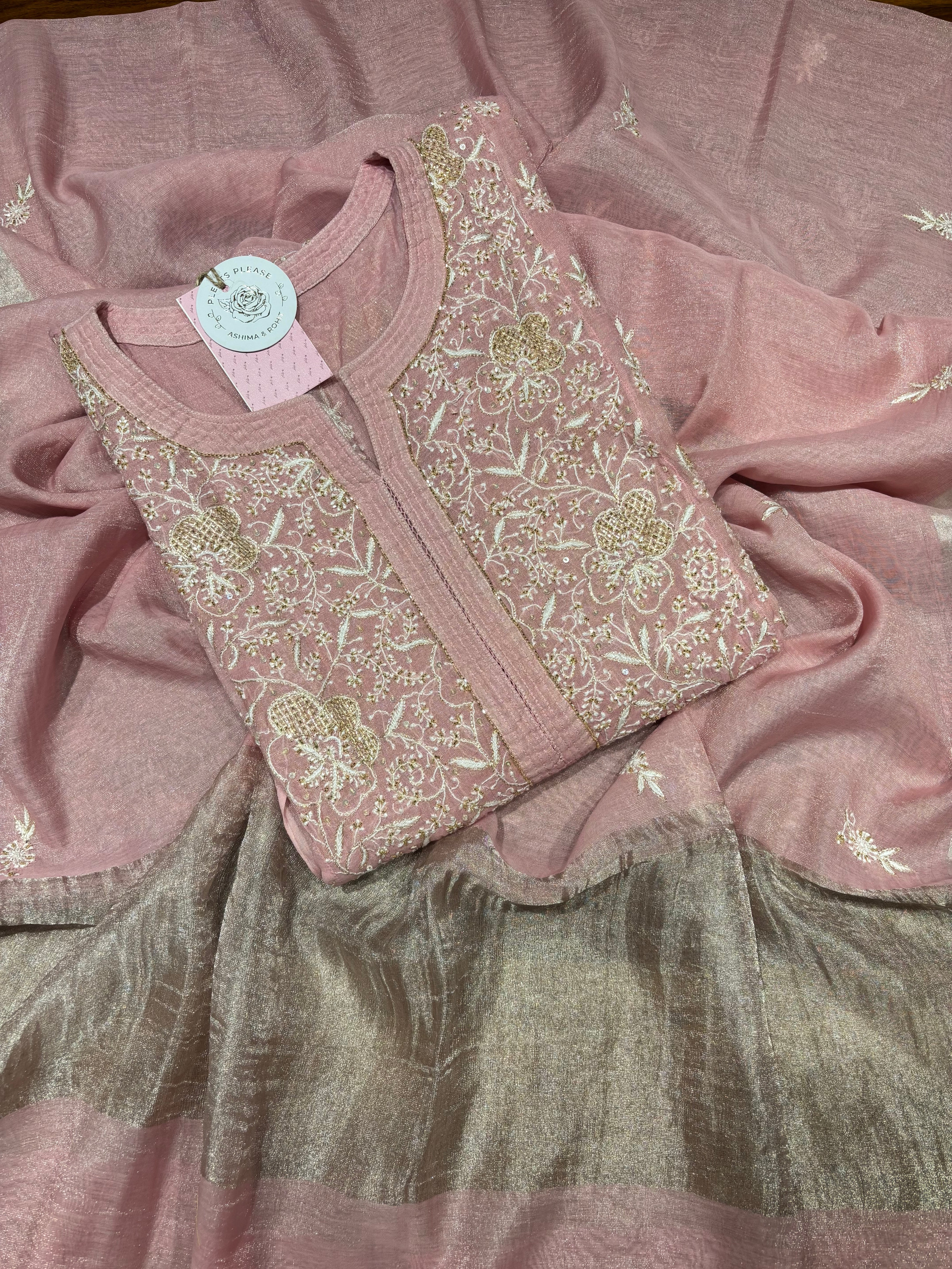 Pink Pure & Premium Tissue Chikankari Kurta & Dupatta Set